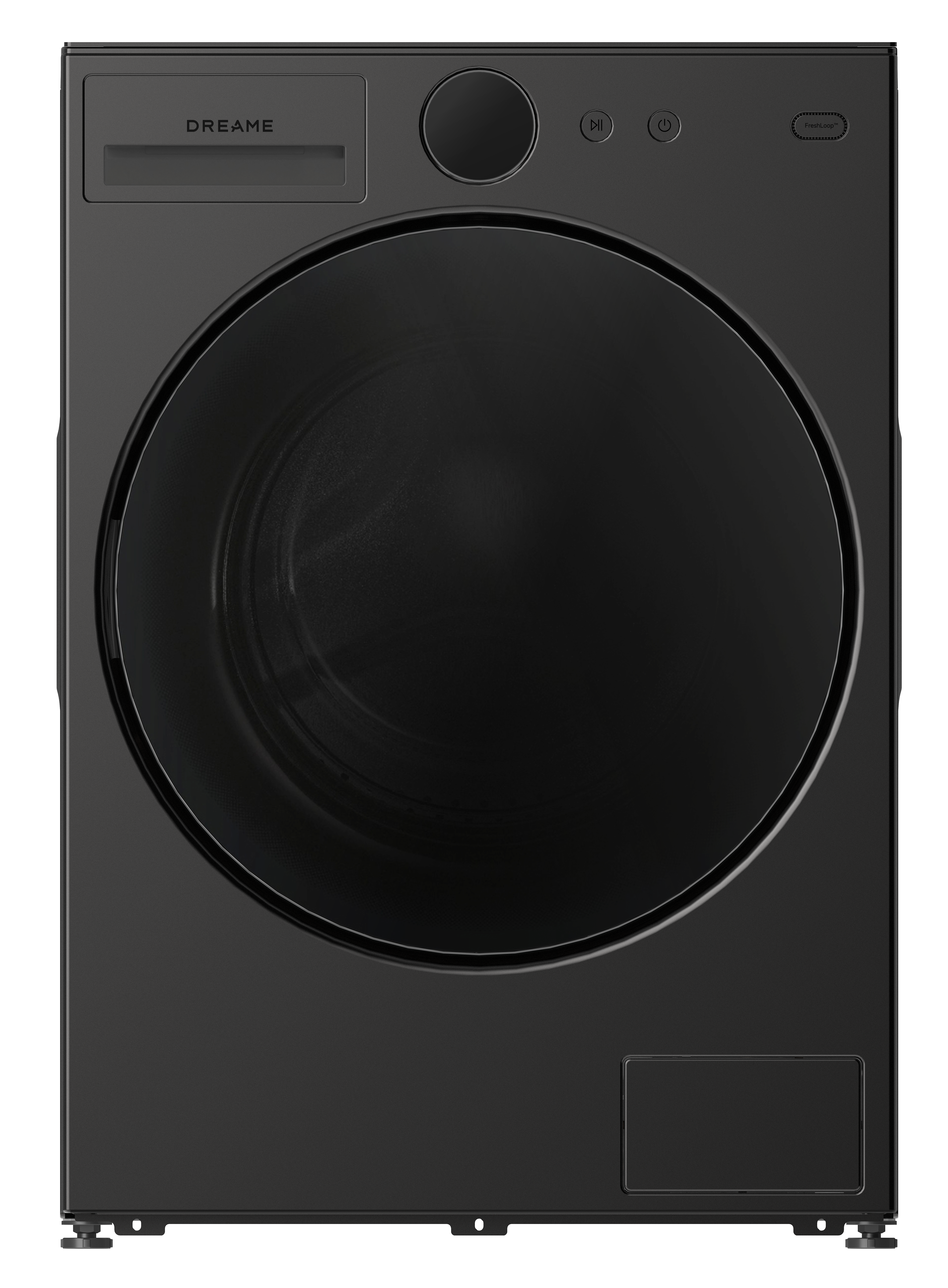 Czarna pralka z dużym okrągłym okienkiem i panelem sterowania.