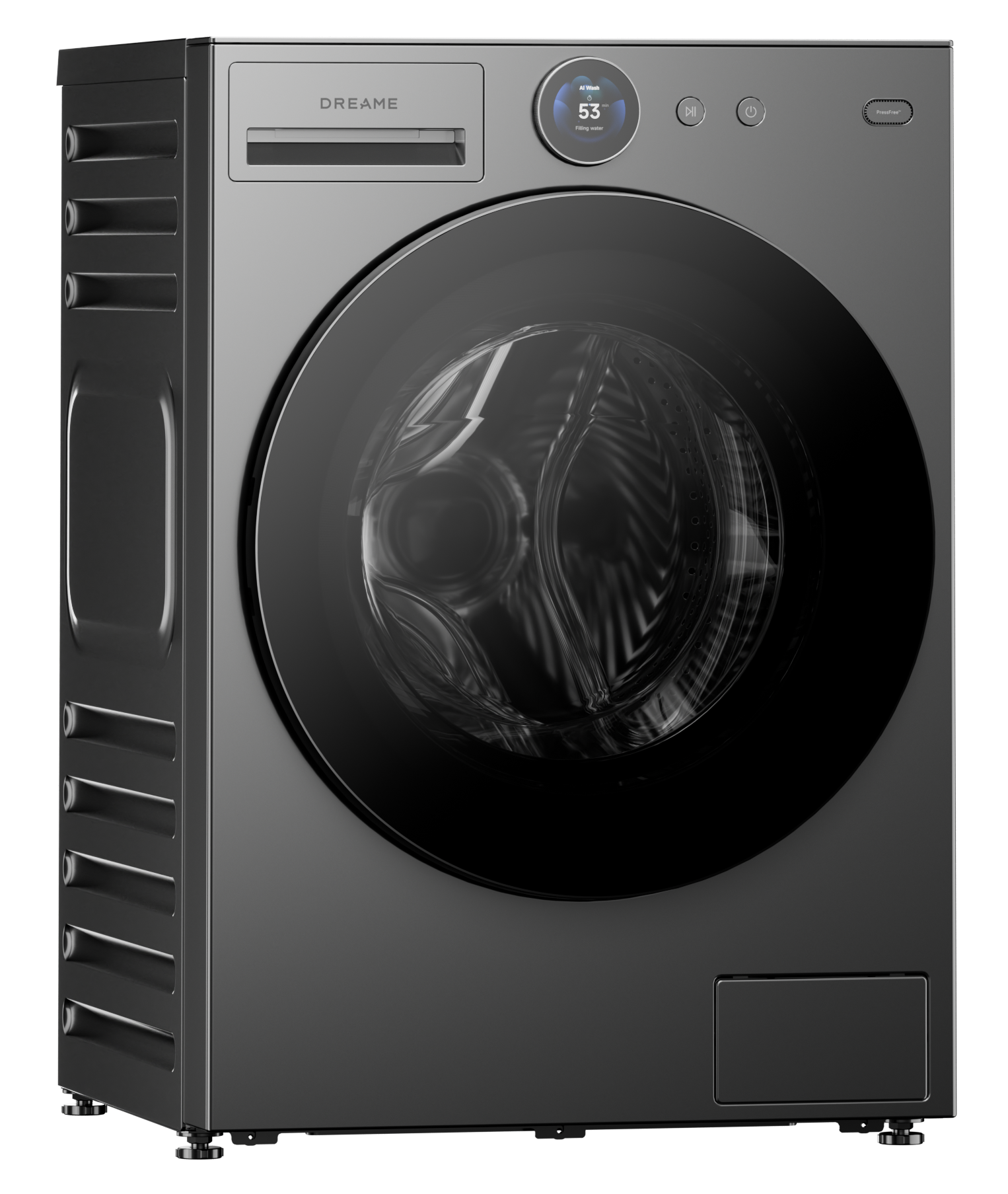 Szara pralka z cyfrowym wyświetlaczem i dużą okrągłą drzwiczkami.