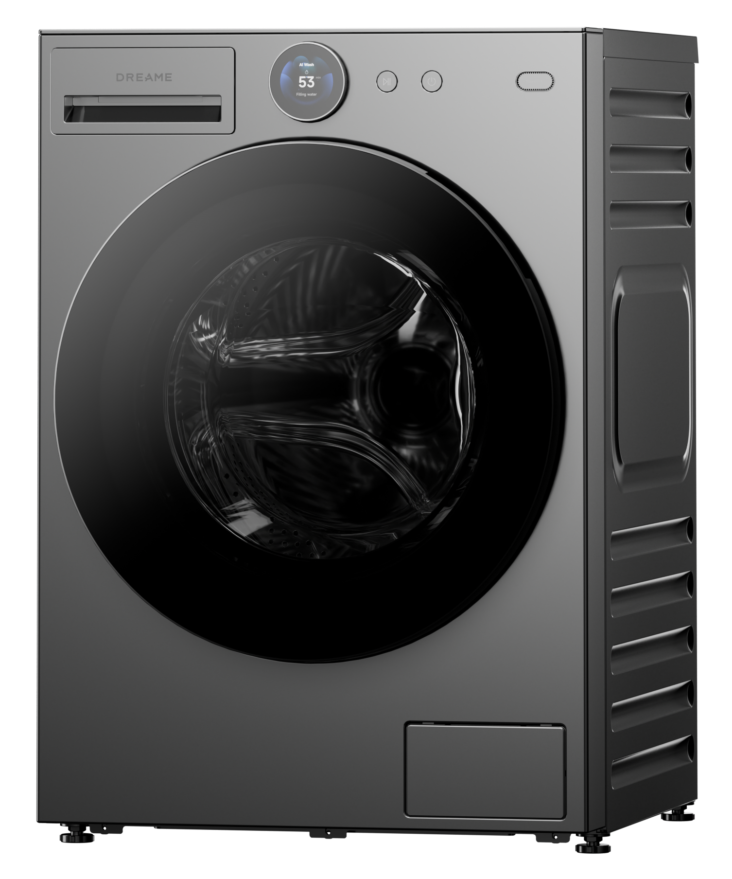 Szara pralka z okrągłymi czarnymi drzwiami i cyfrowym wyświetlaczem.