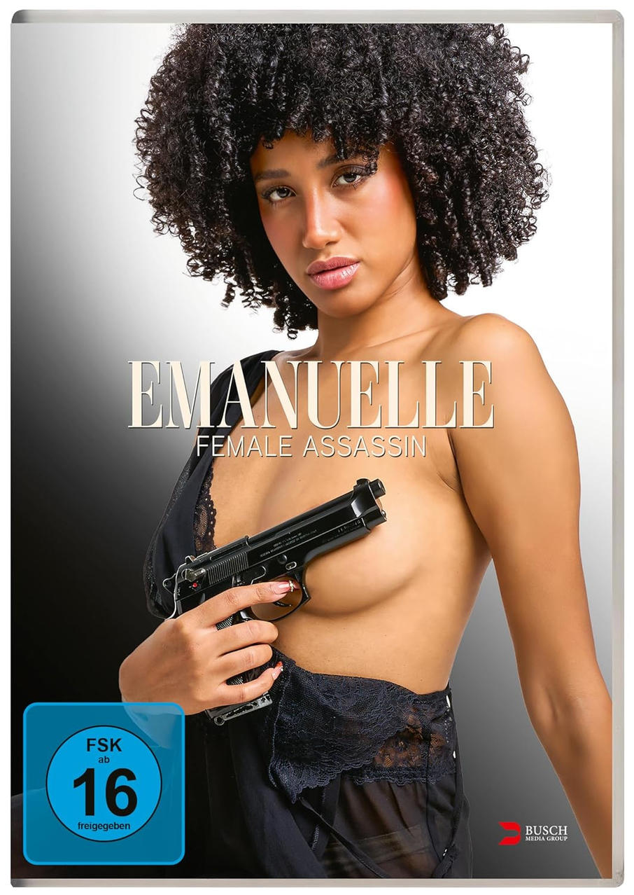 Eine Frau mit Afrohaaren hält eine Pistole vor ihrer Brust. Titel: EMANUELLE FEMALE ASSASSIN.