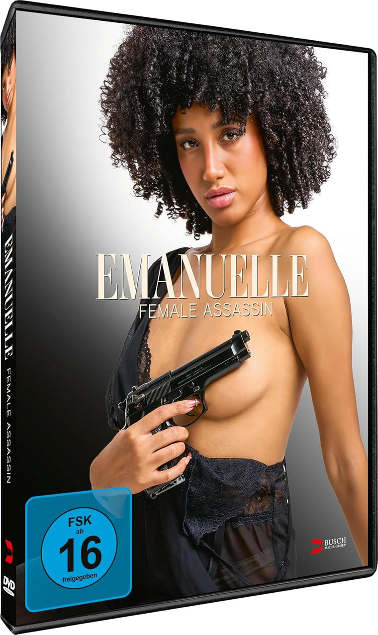 Frau mit Afrohaaren hält eine Pistole. Titel: Emmanuelle Female Assassin.