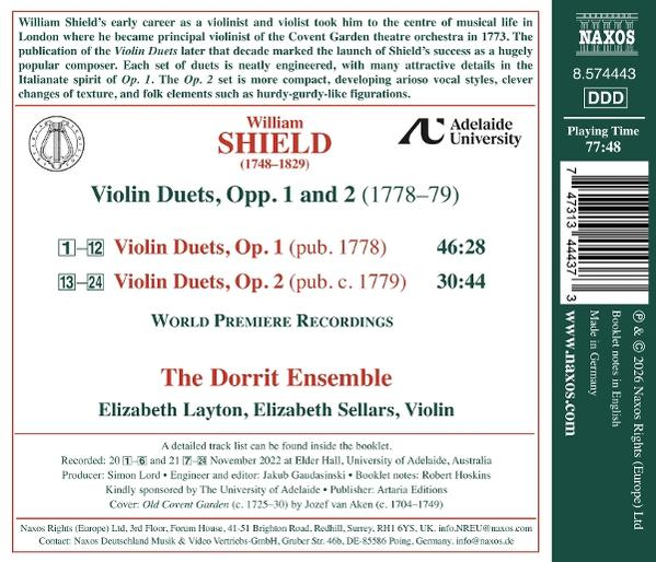 CD-Cover mit Titel, Komponisten, Künstlern und Trackliste für William Shield Violin Duets.