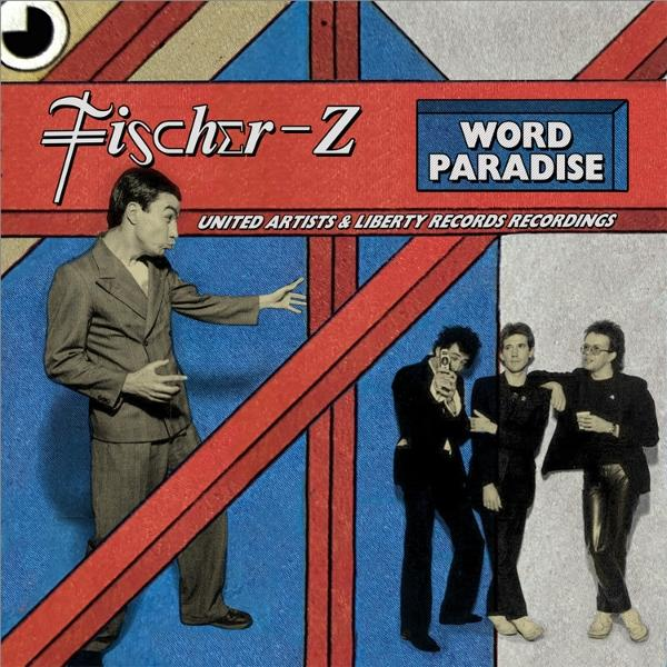 Fischer-Z Albumcover mit vier Männern vor blauem und rotem geometrischem Hintergrund.