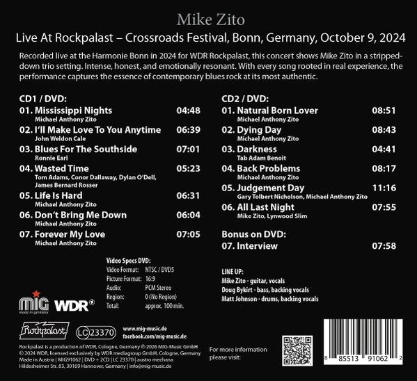 Albumcover für Mike Zito: Live At Rockpalast, mit Titelliste und Bandinformationen.