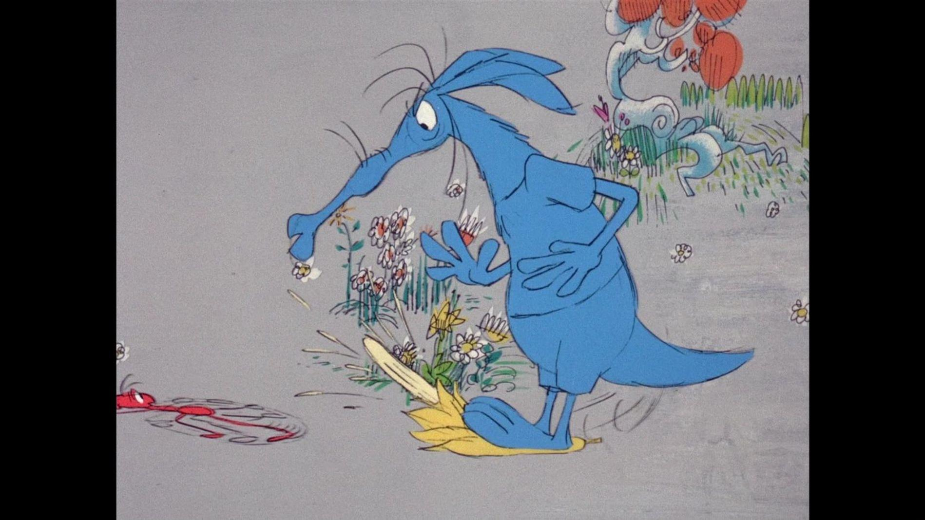 Ein blauer Erdferkel steht in Blumen, eine rote Ameise liegt am Boden.