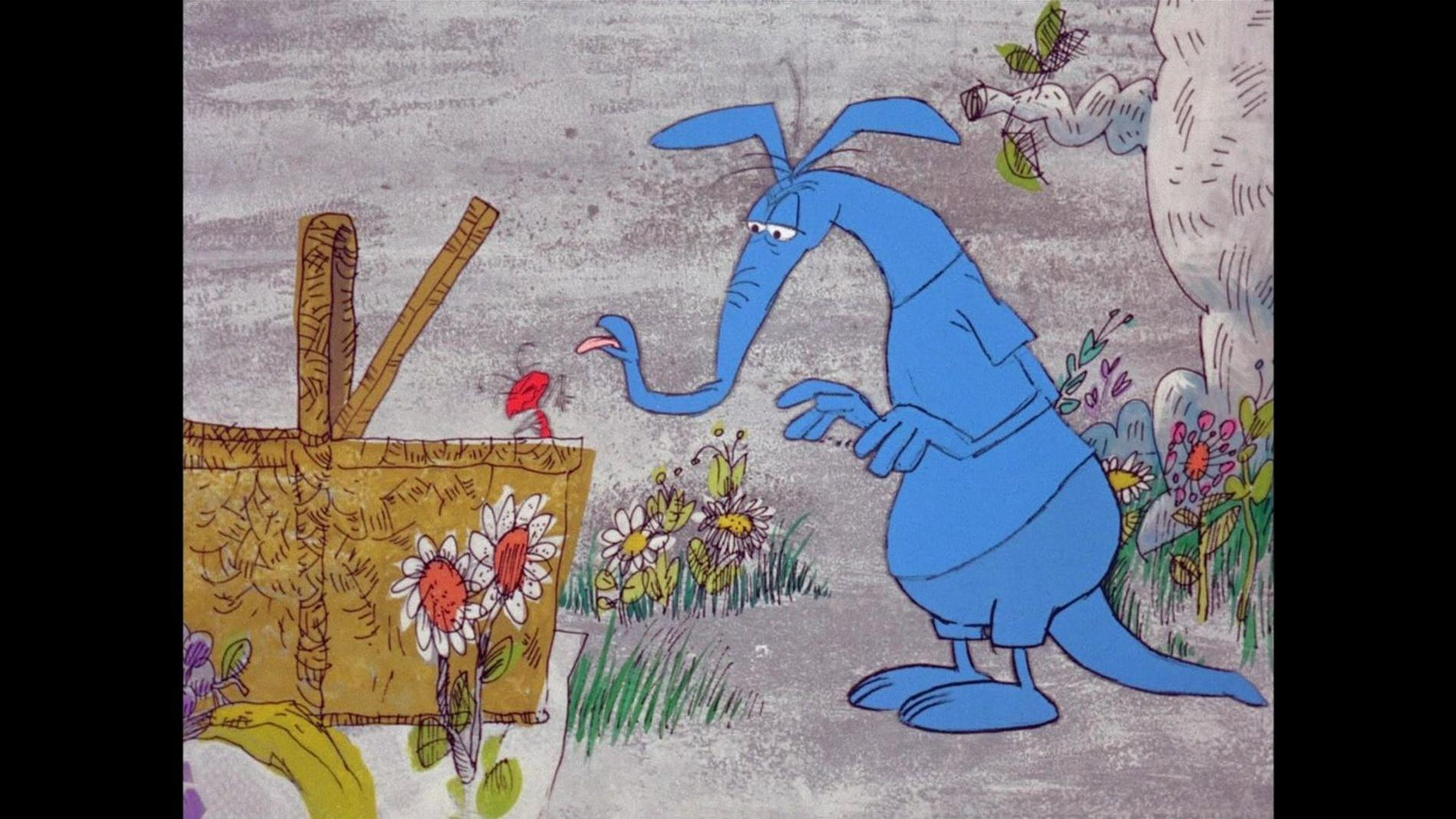 Ein blauer Erdferkel beugt sich zu einem Korb, während ein kleiner roter Käfer darauf sitzt.