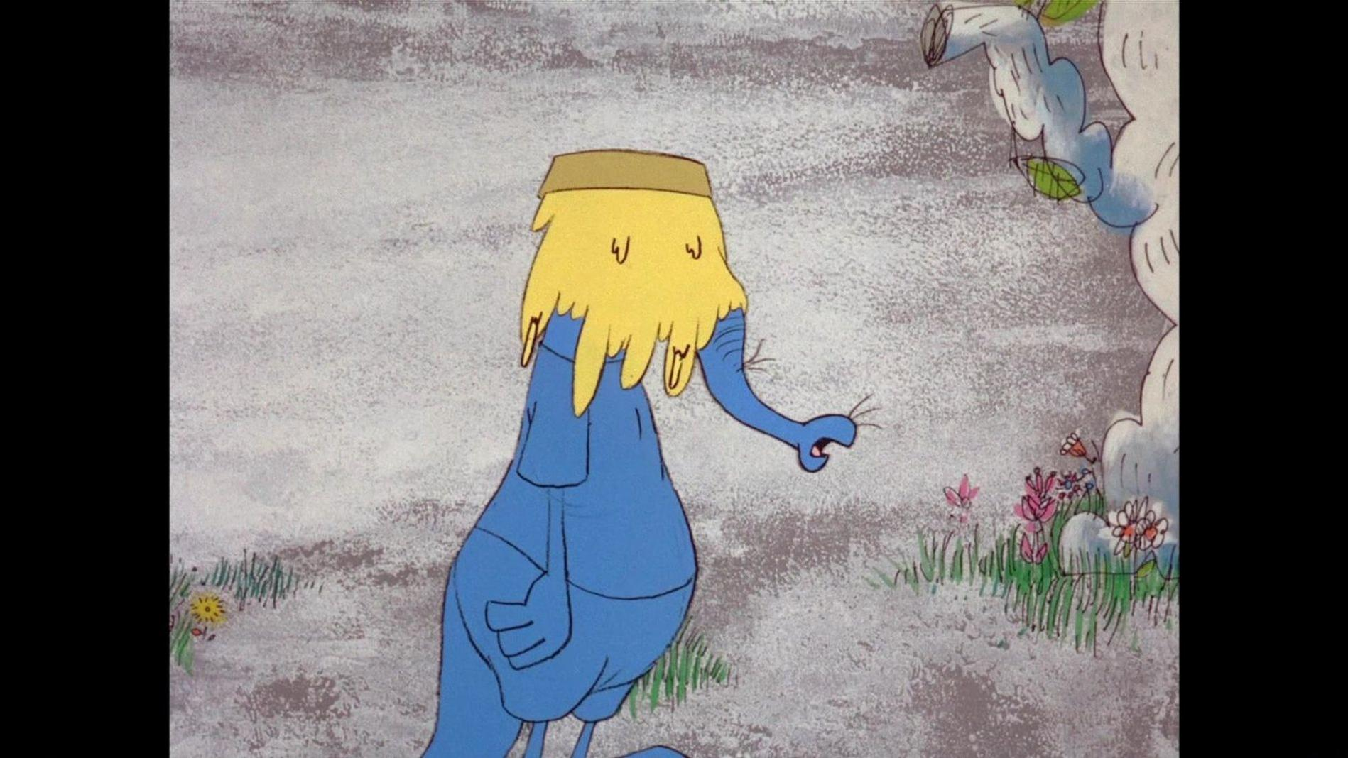 Ein blauer Elefant mit gelbem Haar und einem Topf auf dem Kopf.
