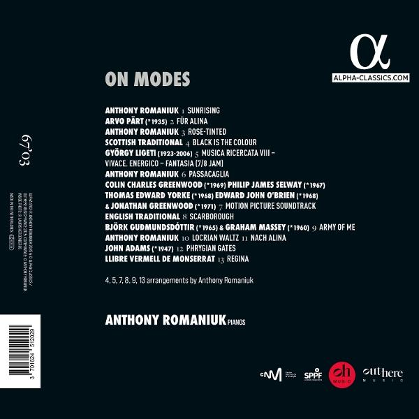 Albumcover mit Titel 'ON MODES', Liste von Stücken und Künstlern, Alpha-Logo.