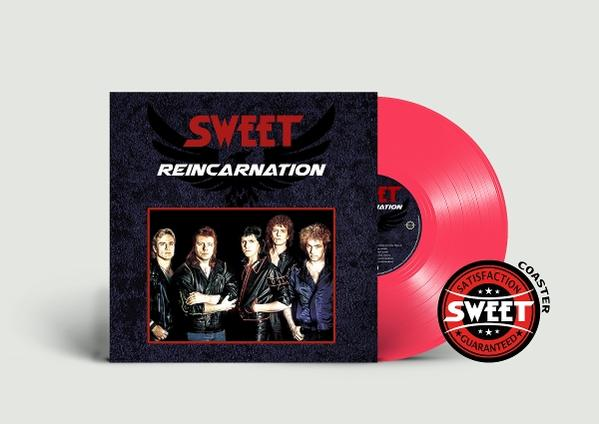 Ein pinkfarbenes Vinyl-Albumcover mit dem Bandfoto von Sweet Reincarnation.
