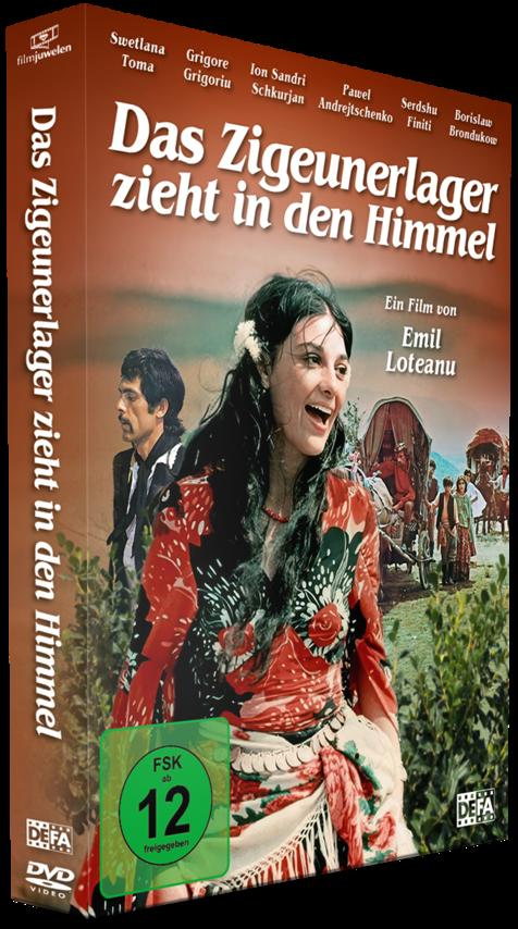 Filmplakat mit einem lachenden Zigeunermädchen und einem Wagenlager im Hintergrund.