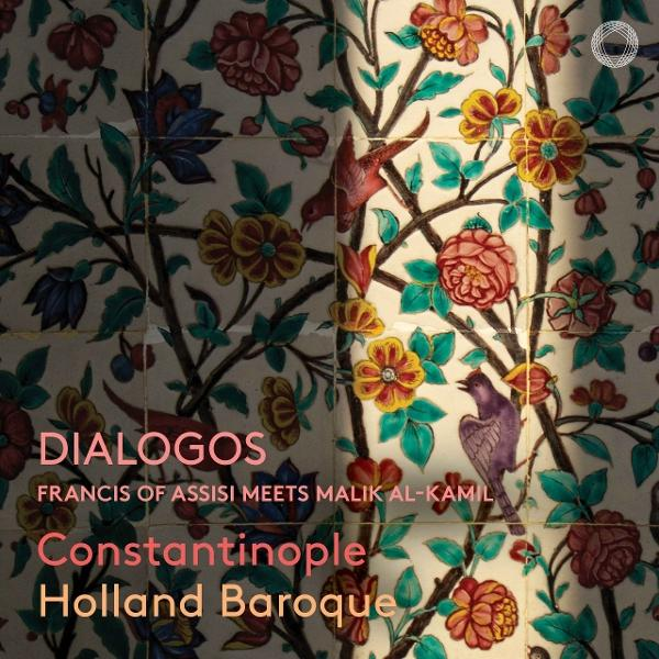 Kachelwand mit Blumenmuster und Vögeln, Text: Dialogos, Holland Baroque.