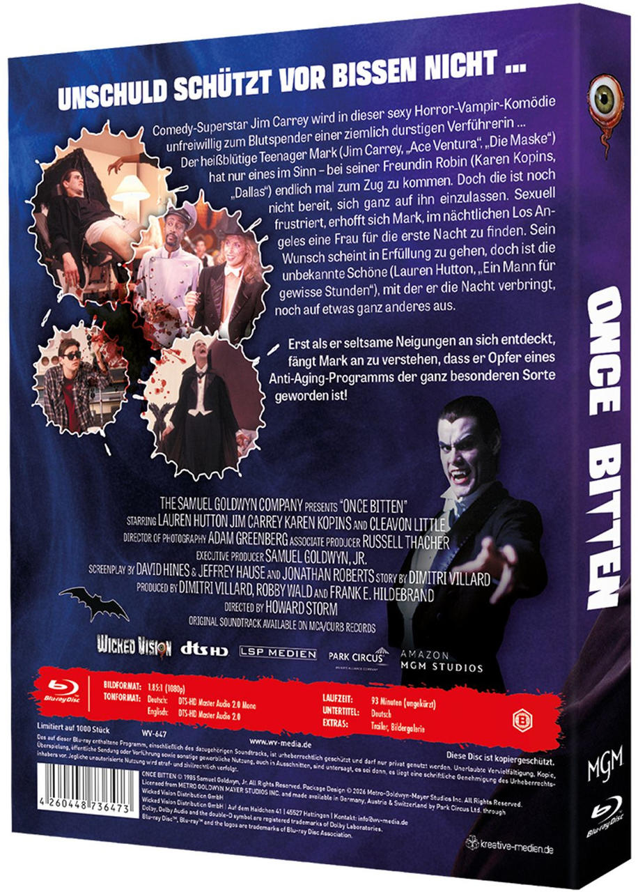 Filmcover mit Jim Carrey als Vampir und Szenenbildern. Titel: "Once Bitten".