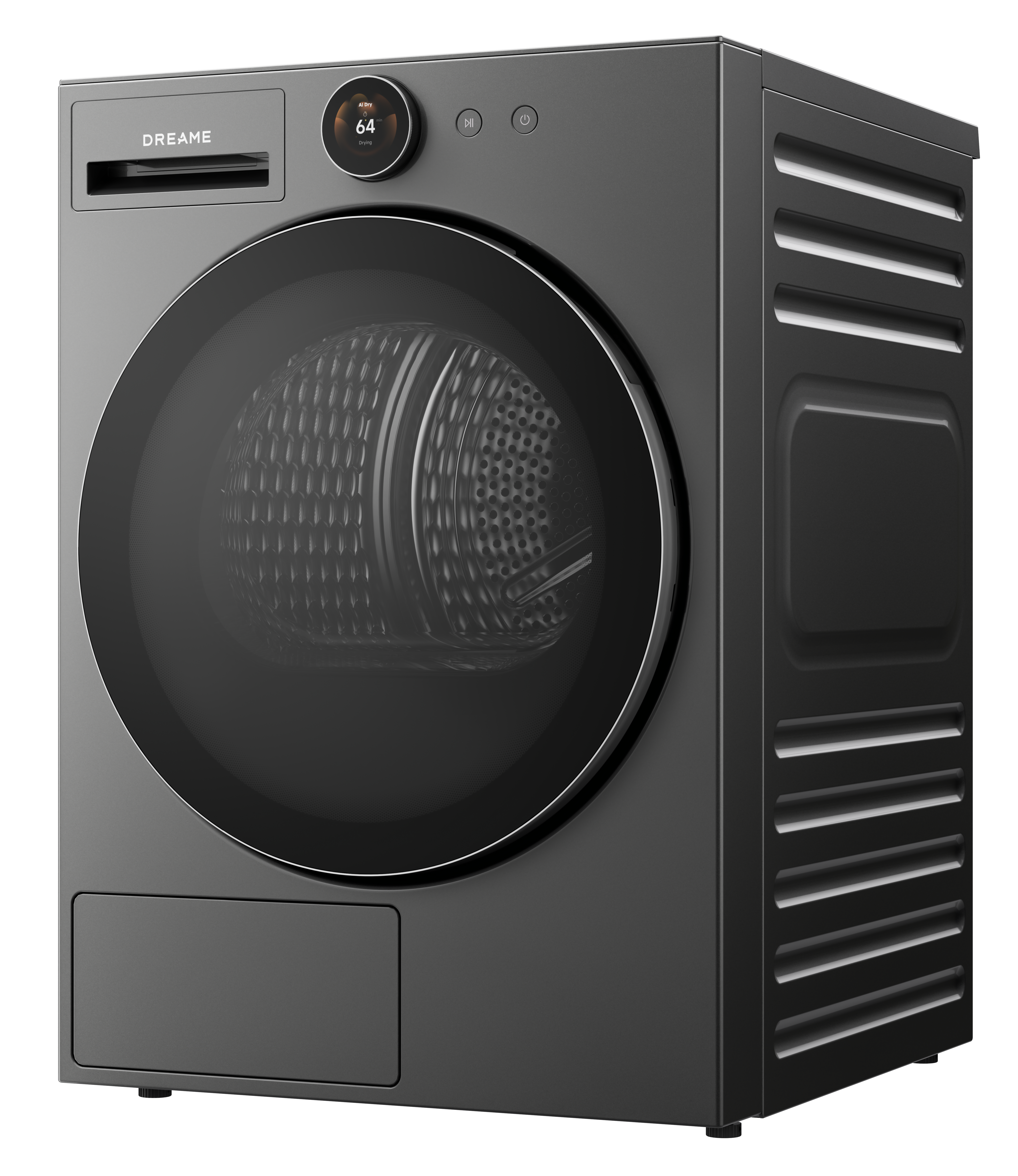 Ciemnoszara suszarka z okrągłymi drzwiami i cyfrowym wyświetlaczem.