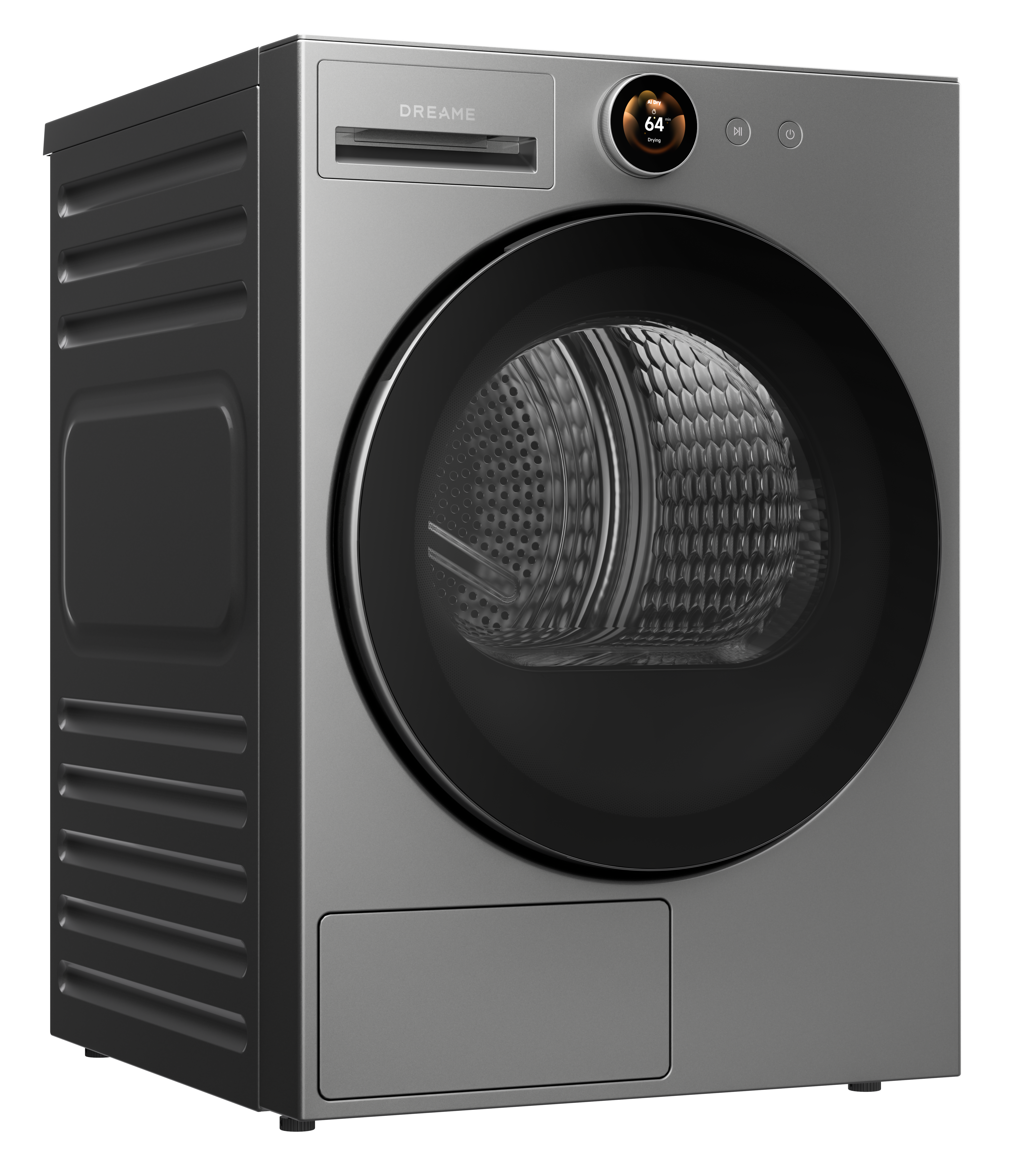 Szara suszarka z okrągłymi drzwiami i cyfrowym wyświetlaczem.