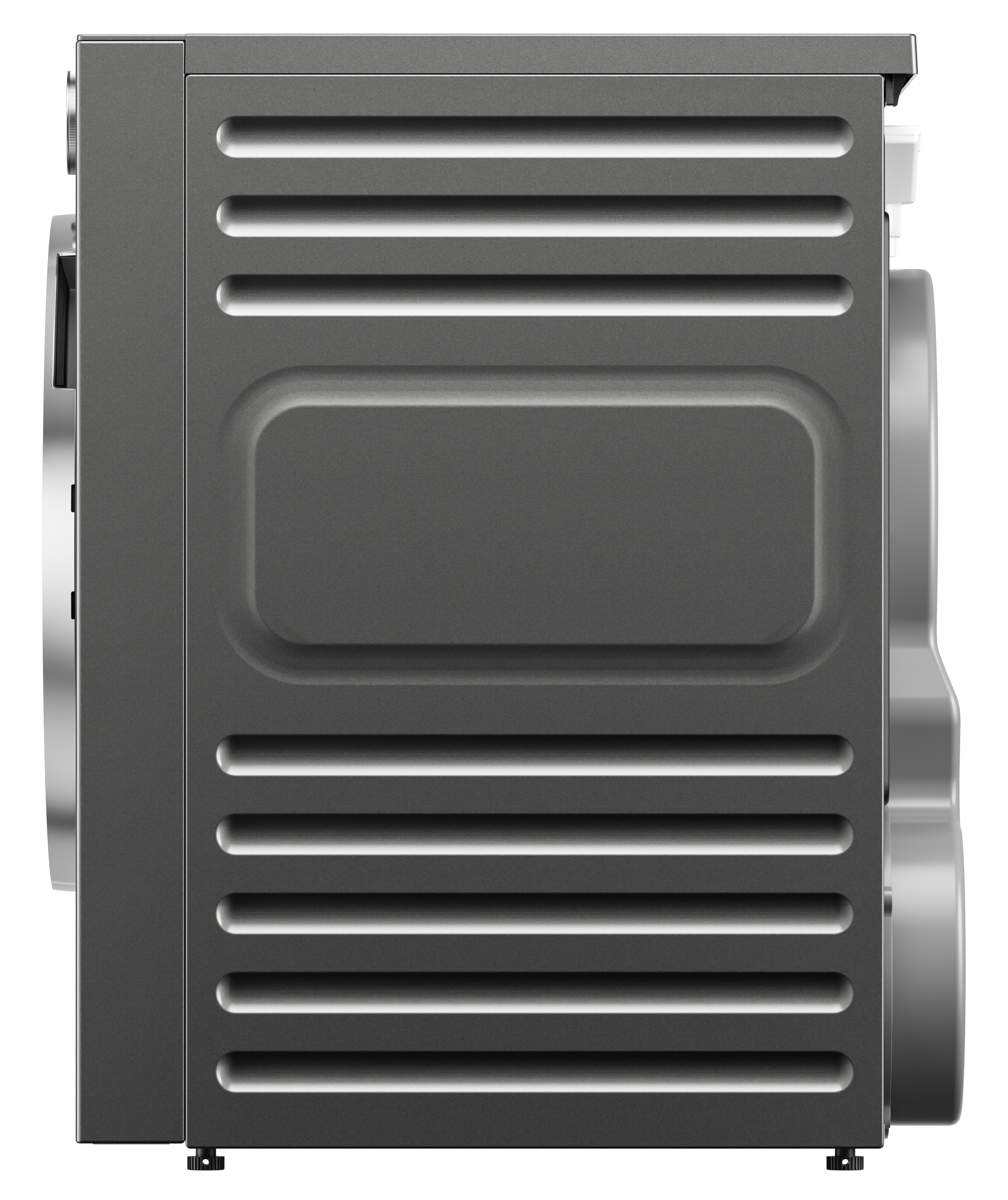 Szara pralka widziana z boku, z poziomymi rowkami i okrągłym pokrętłem.