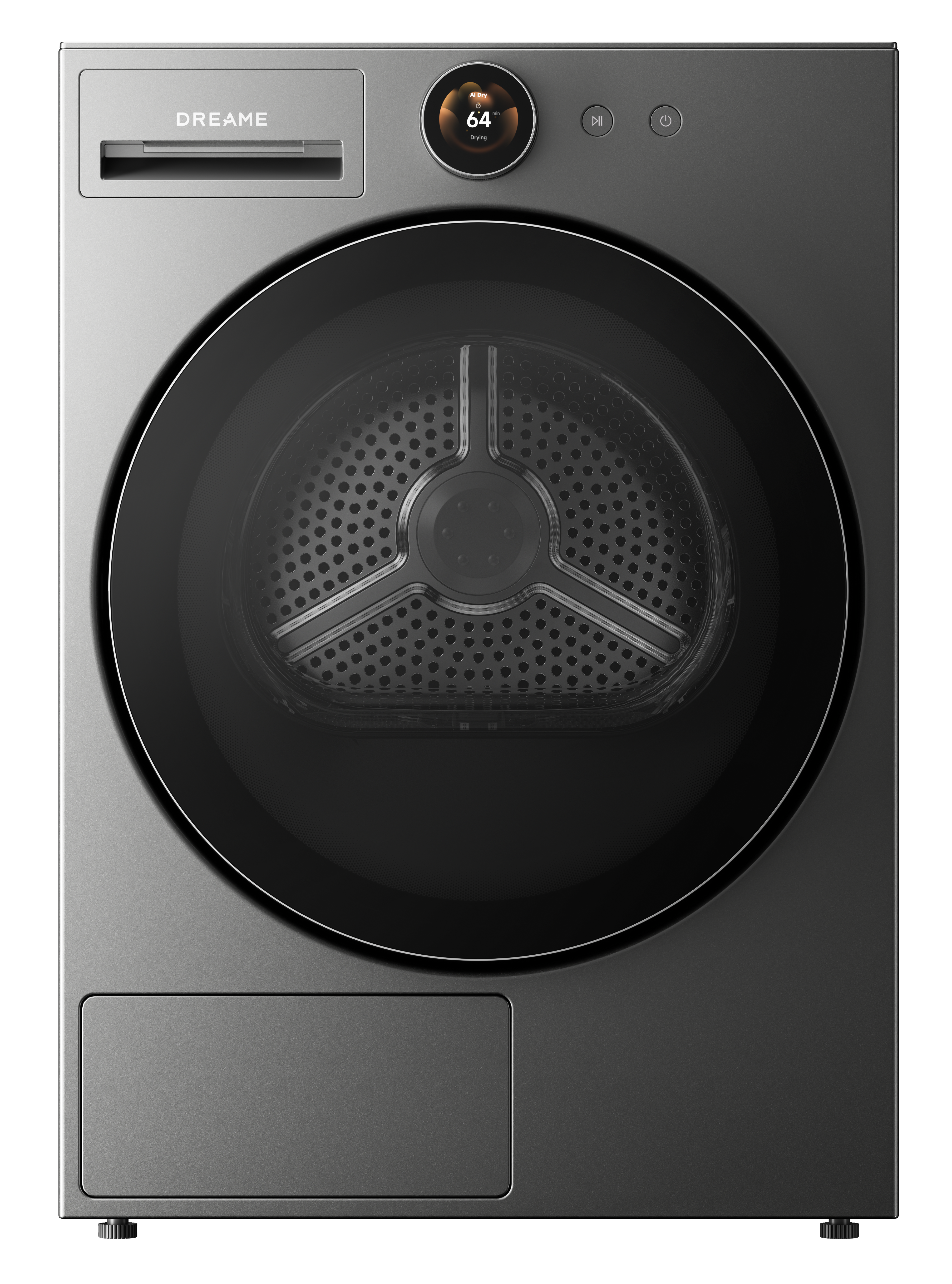 Szara suszarka bębnowa z okrągłymi drzwiami i cyfrowym wyświetlaczem. Logo DREAME.
