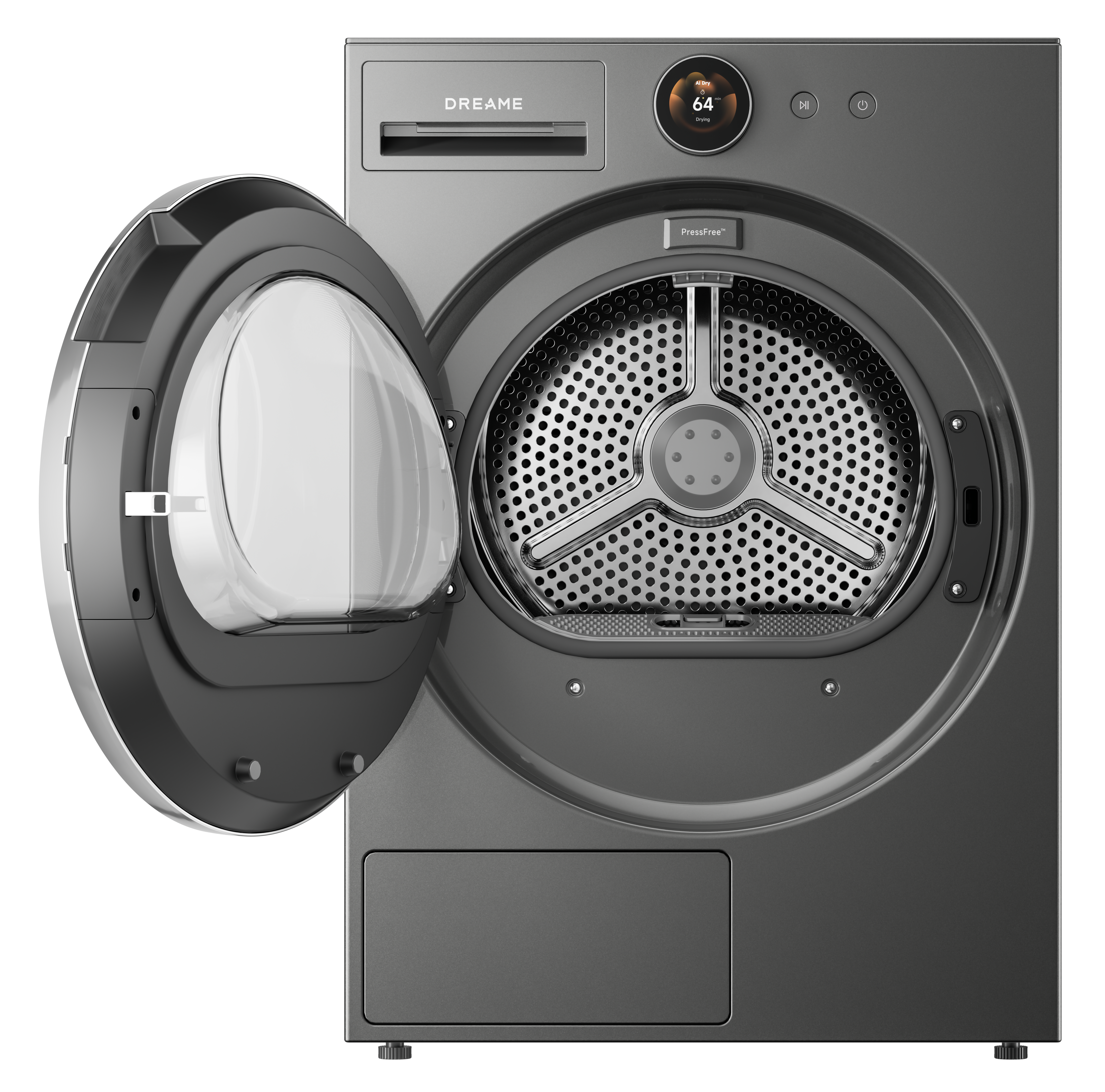 Nowoczesna szara suszarka do ubrań z otwartymi drzwiami, widocznym bębnem.