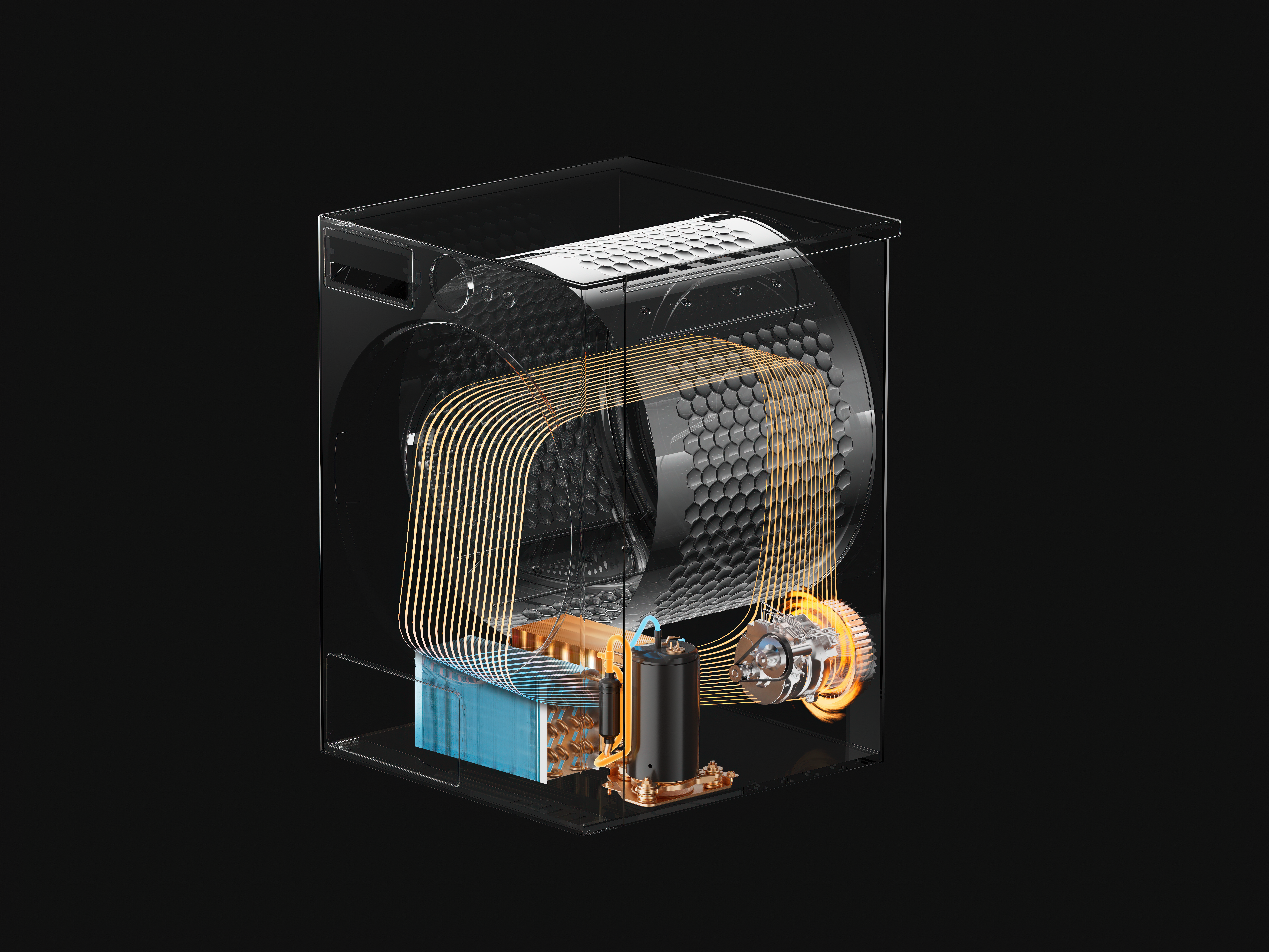 Przezroczysta suszarka pokazuje wnętrze z miedzianymi rurkami, kompresorem i wentylatorem.