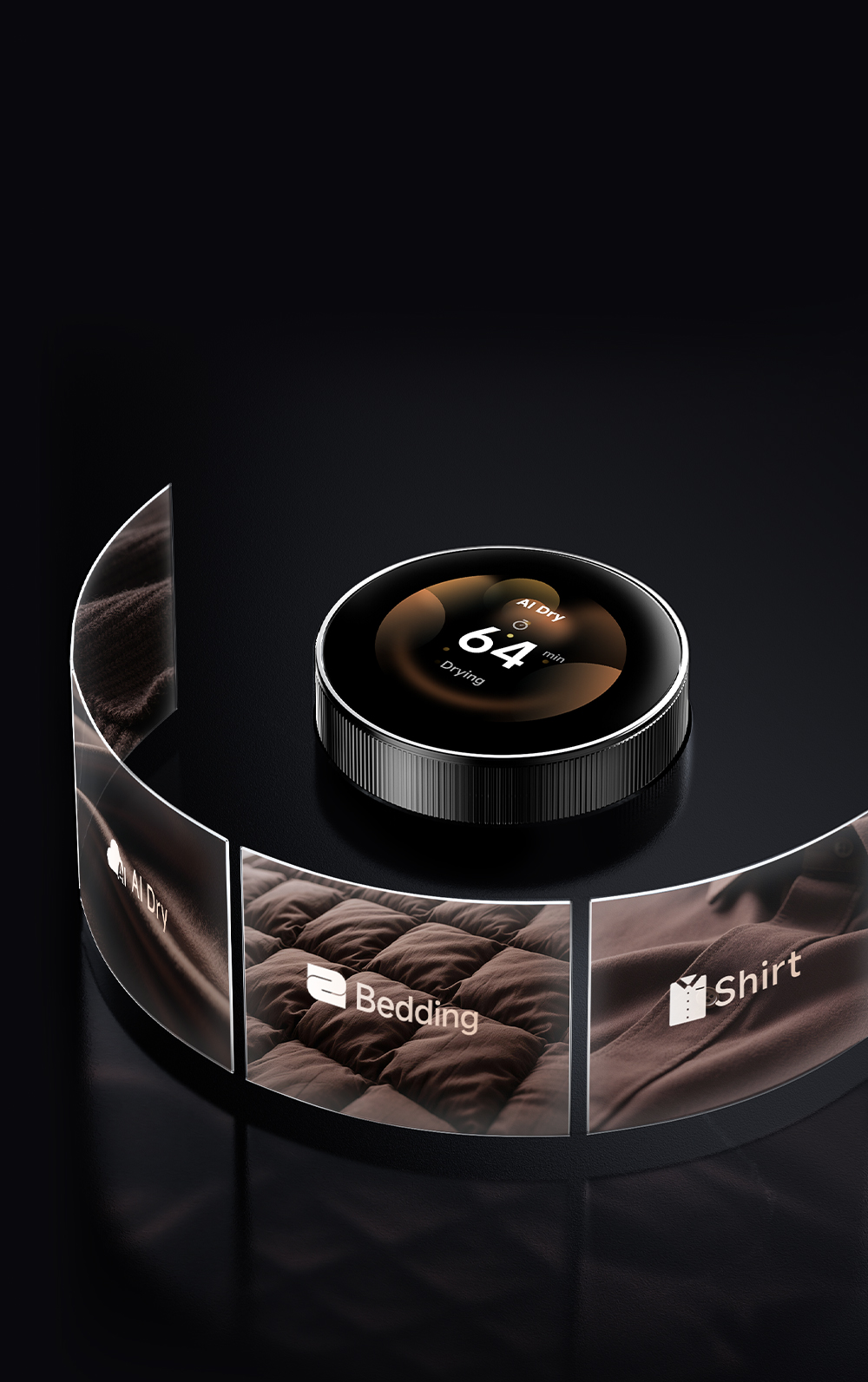 Cyfrowy wyświetlacz pokazujący 64 min suszenia i trzy obrazy tkanin.