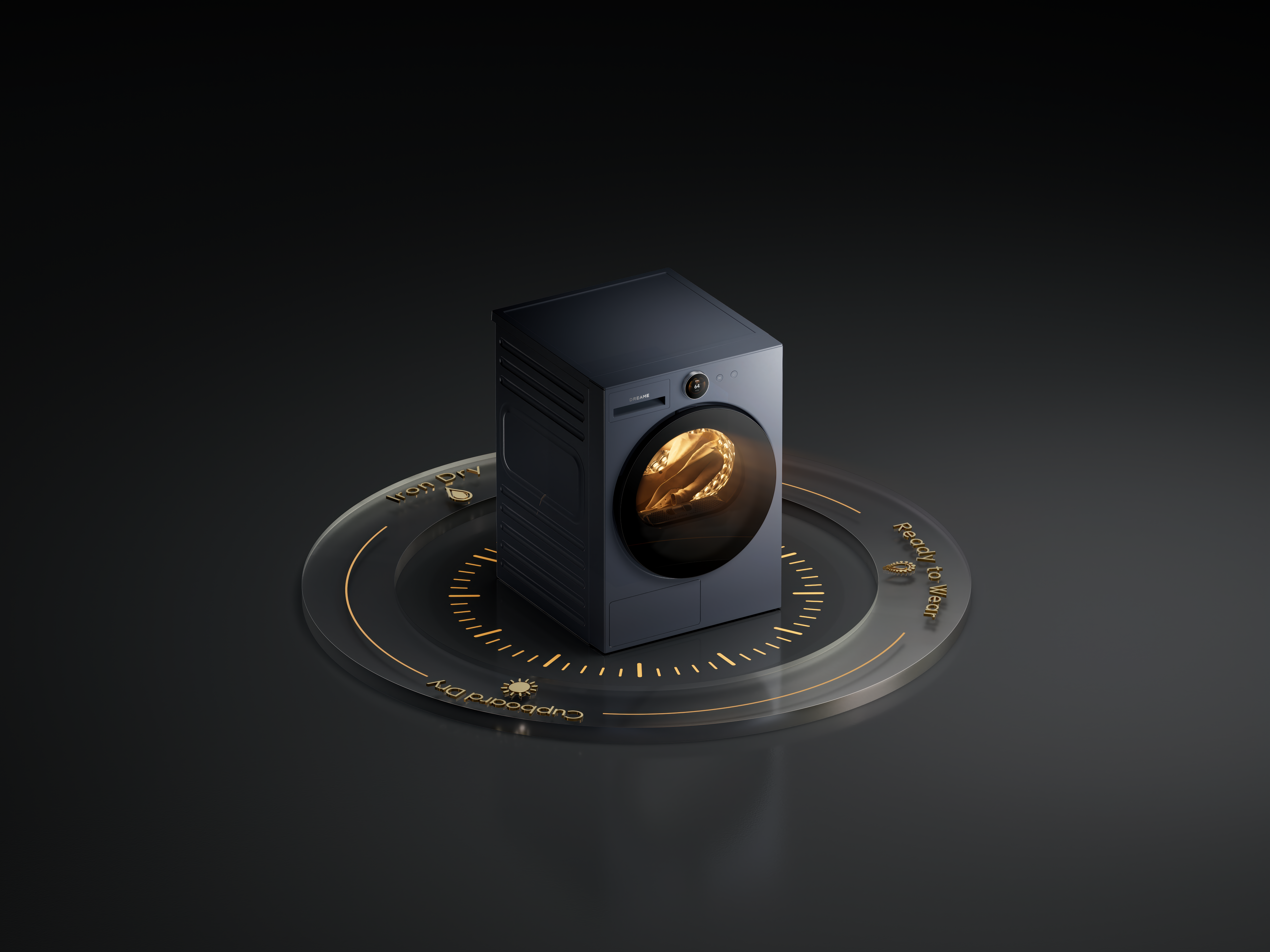 Ciemnoszara pralka na czarnym tle ze złotym pierścieniem i ustawieniami suszenia.