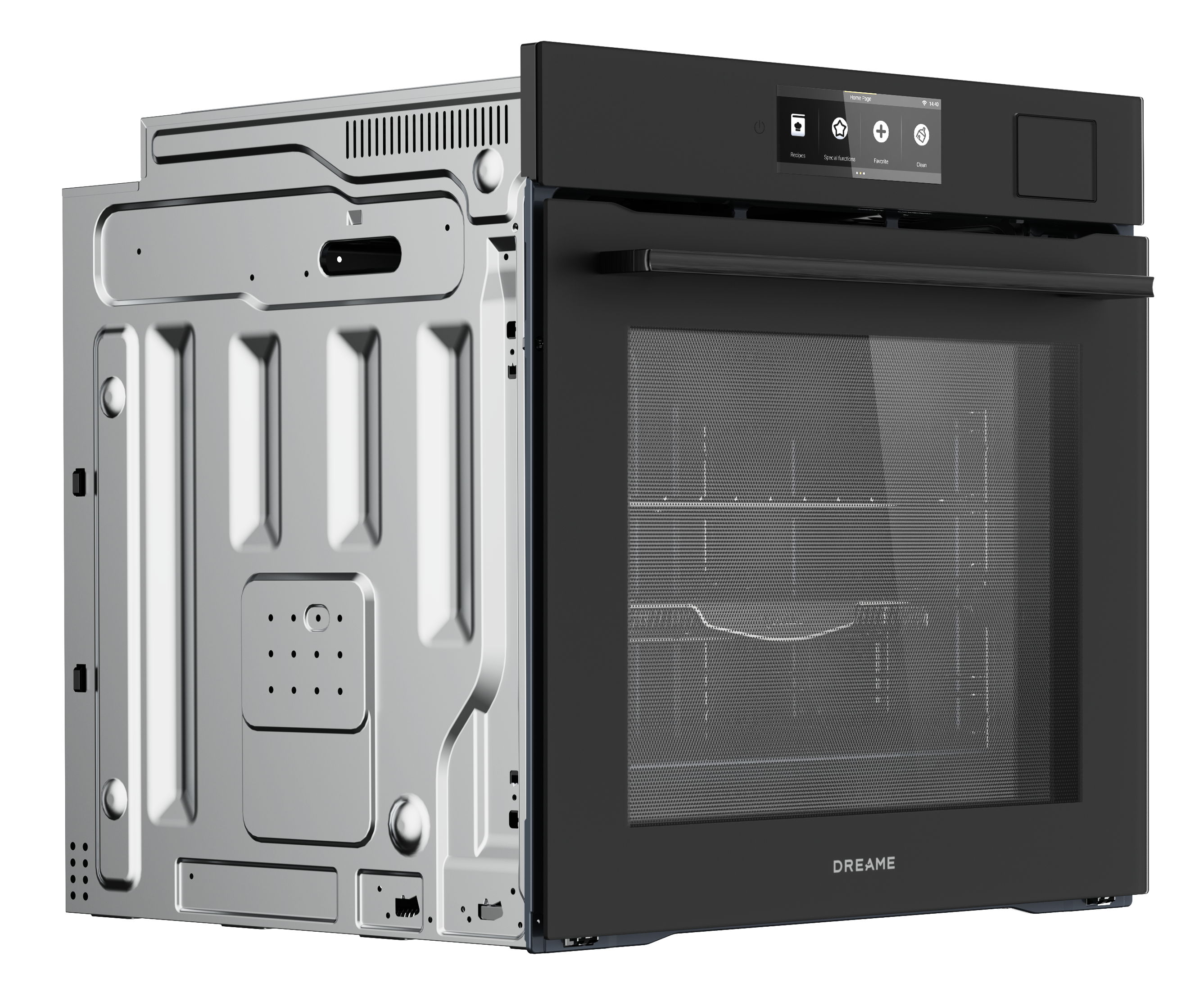 Piekarnik do zabudowy z ekranem dotykowym i srebrnym tyłem. Logo DREAME.