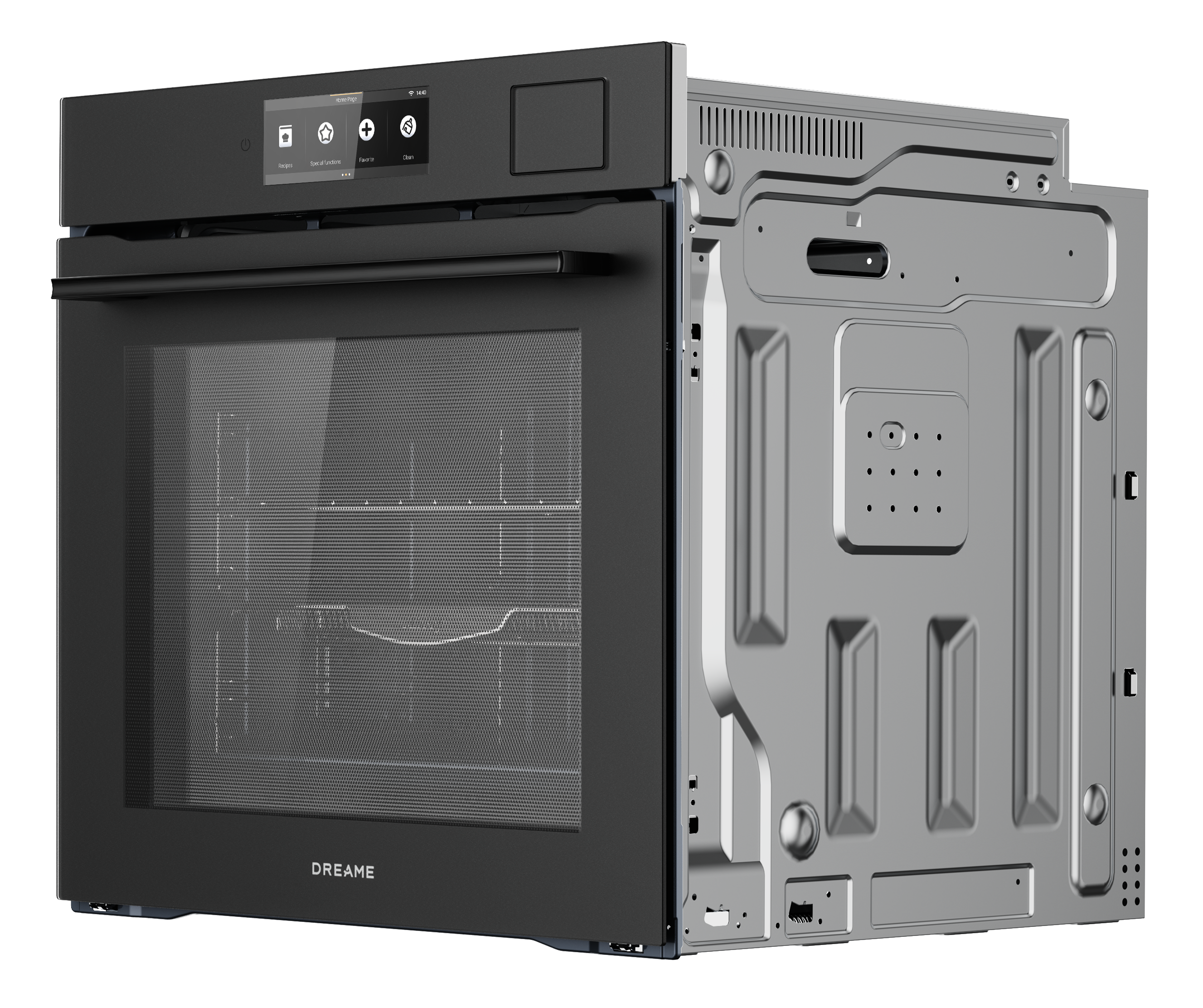 Czarny piekarnik do zabudowy z ekranem dotykowym i srebrną obudową. Logo DREAME.