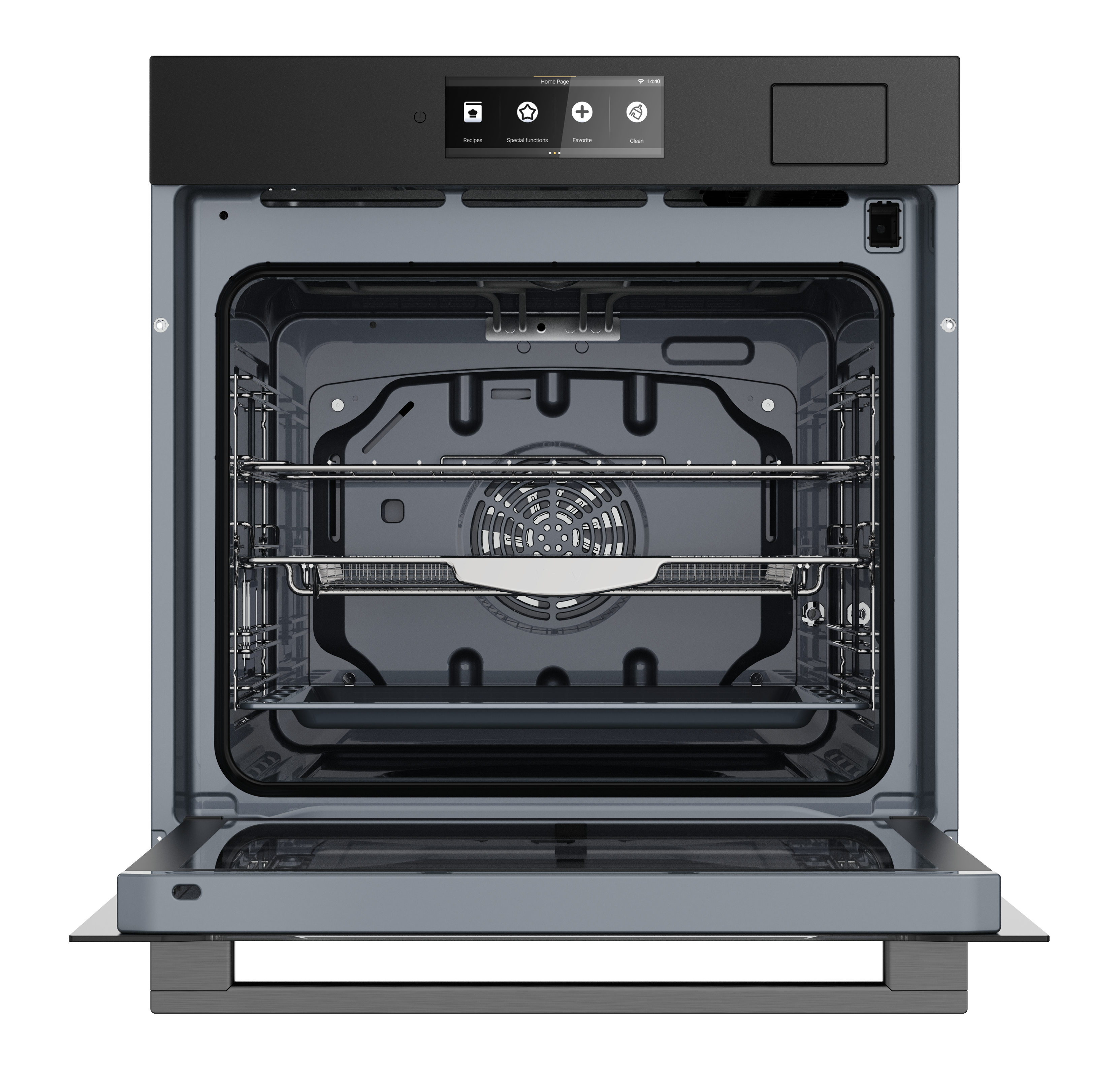 Nowoczesny piekarnik z otwartymi drzwiami, widocznym wnętrzem i ekranem dotykowym.