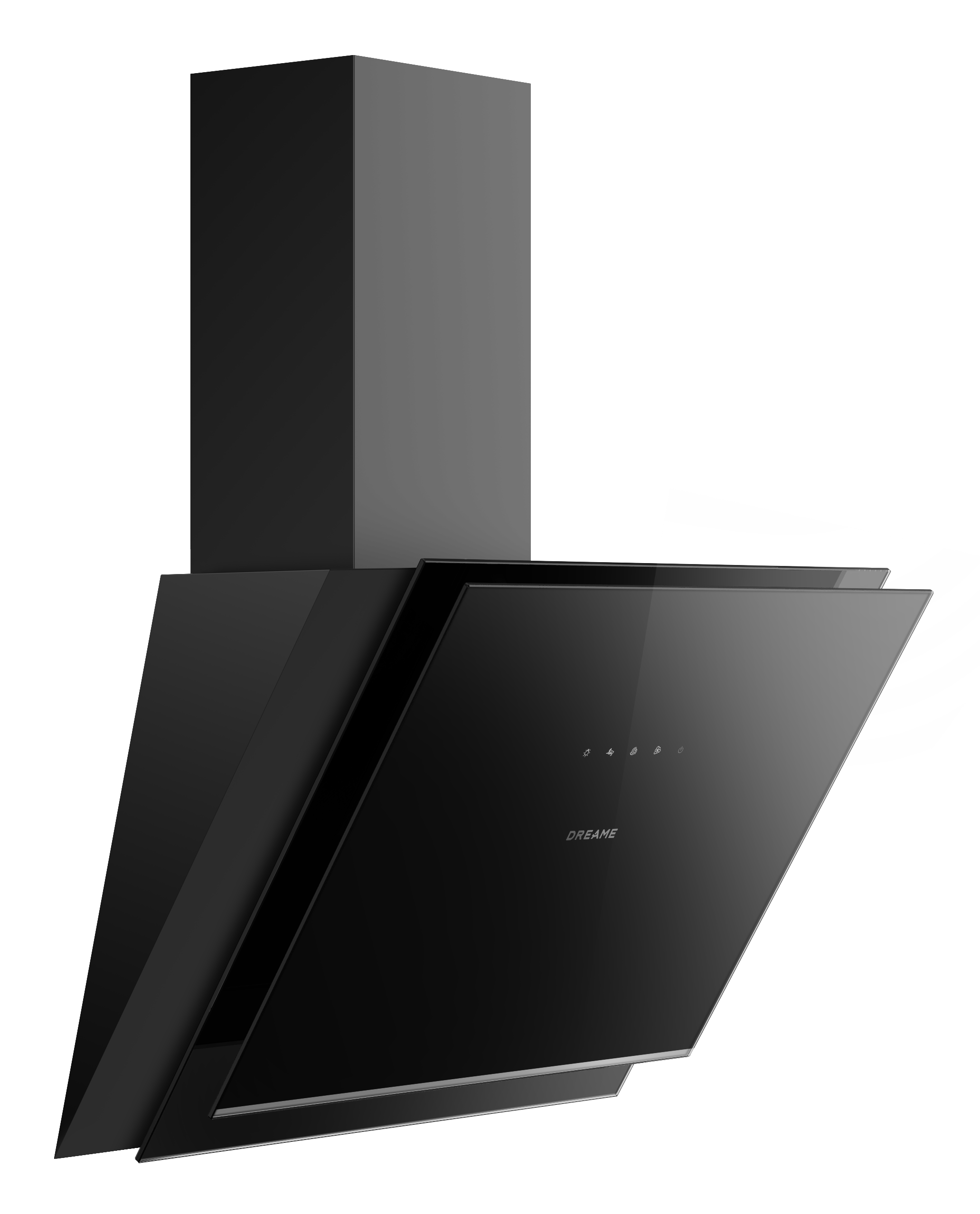 Czarny okap z szklanym frontem i sterowaniem dotykowym.