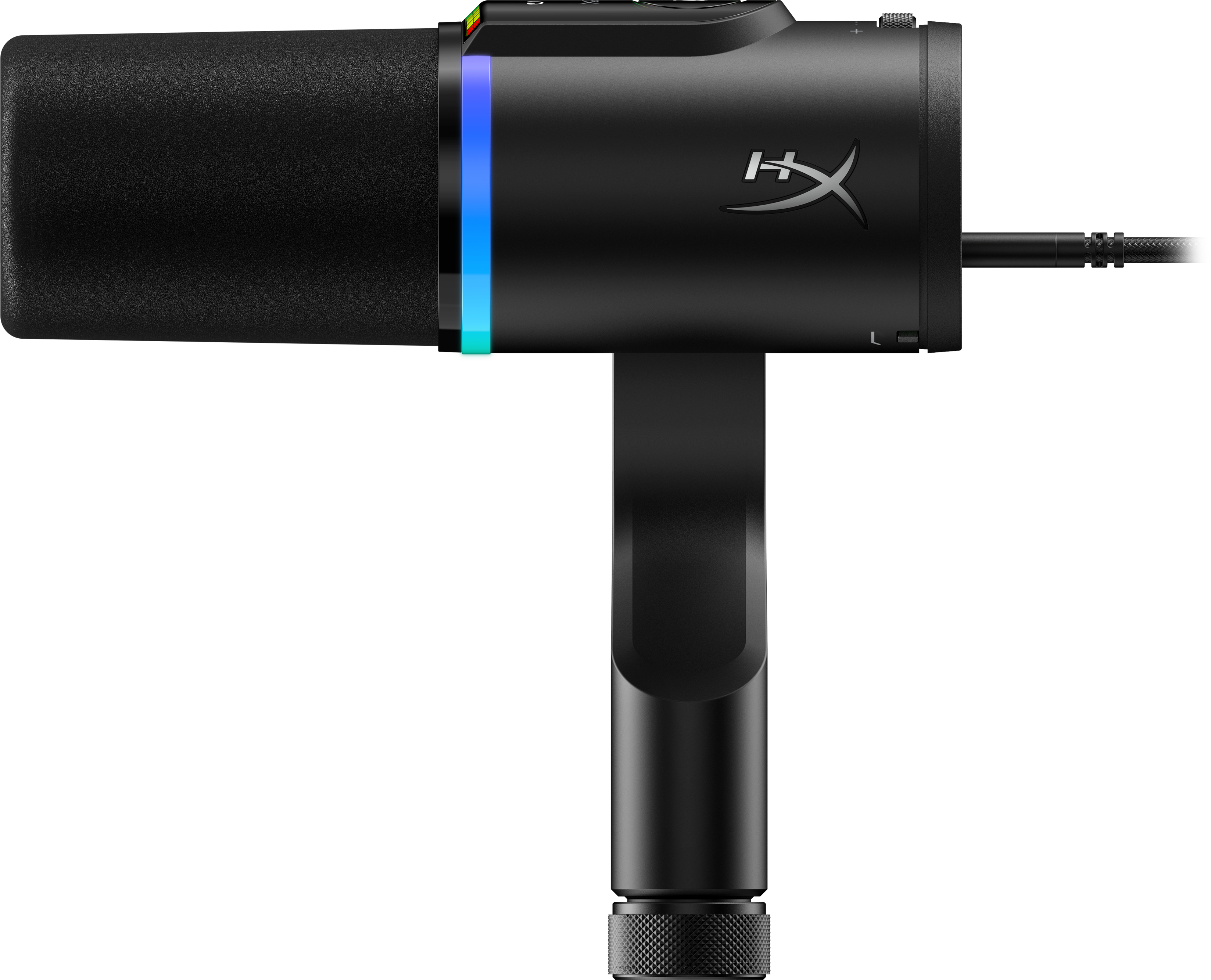Microfono nero con illuminazione RGB e logo su sfondo nero.