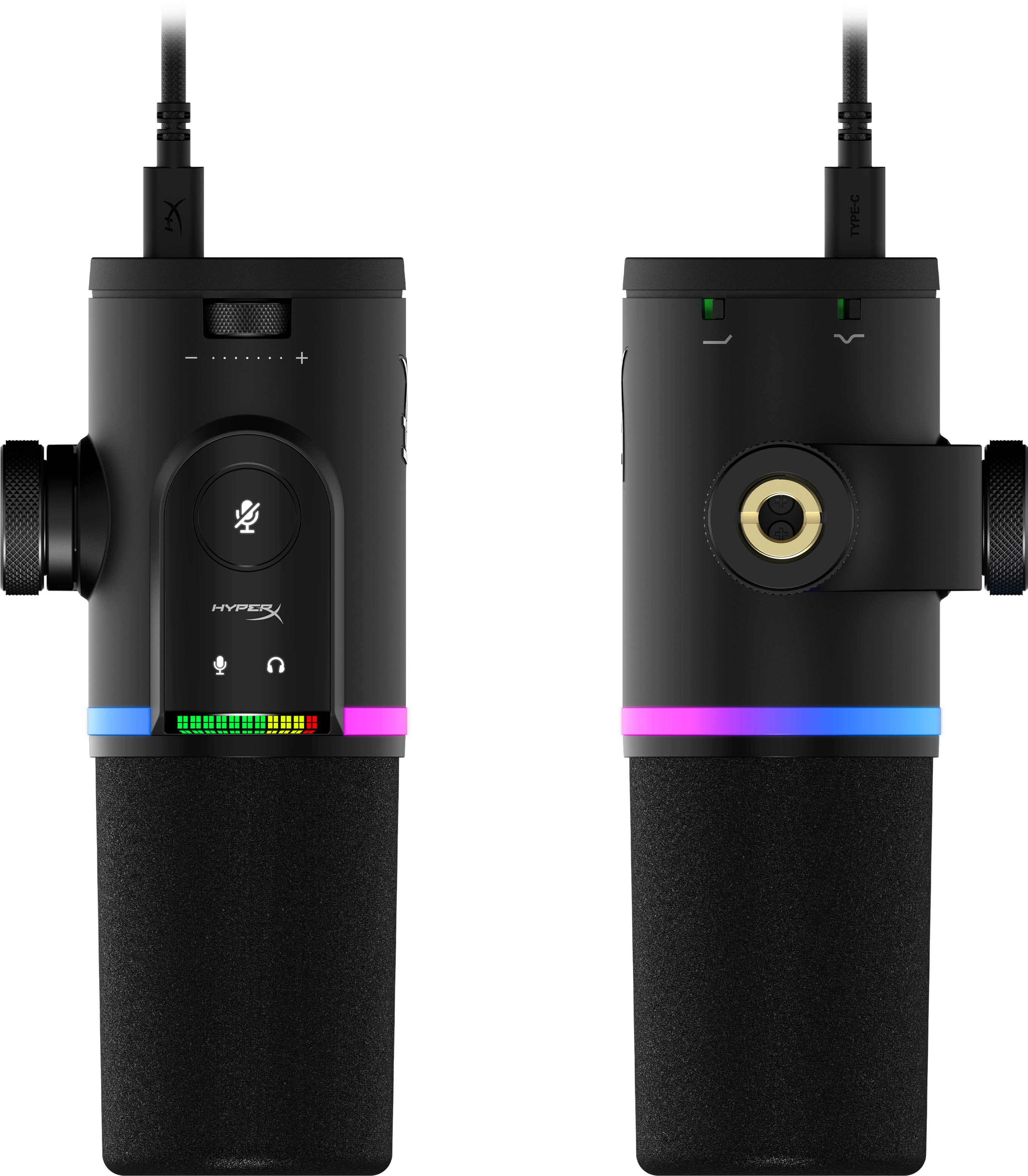 Due microfoni neri con illuminazione RGB e controlli.