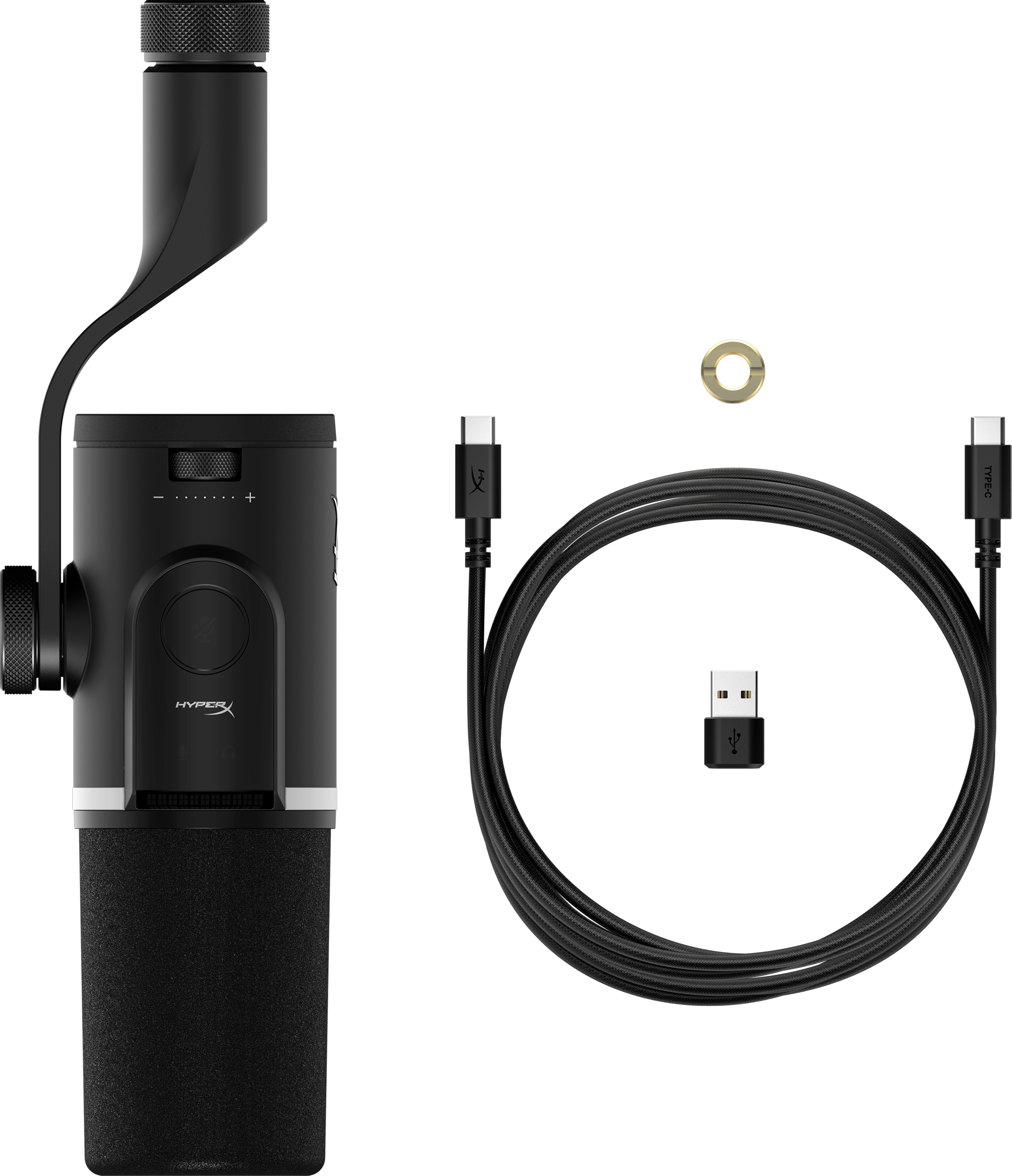 Microfono HyperX nero con cavo, adattatore USB e anello.