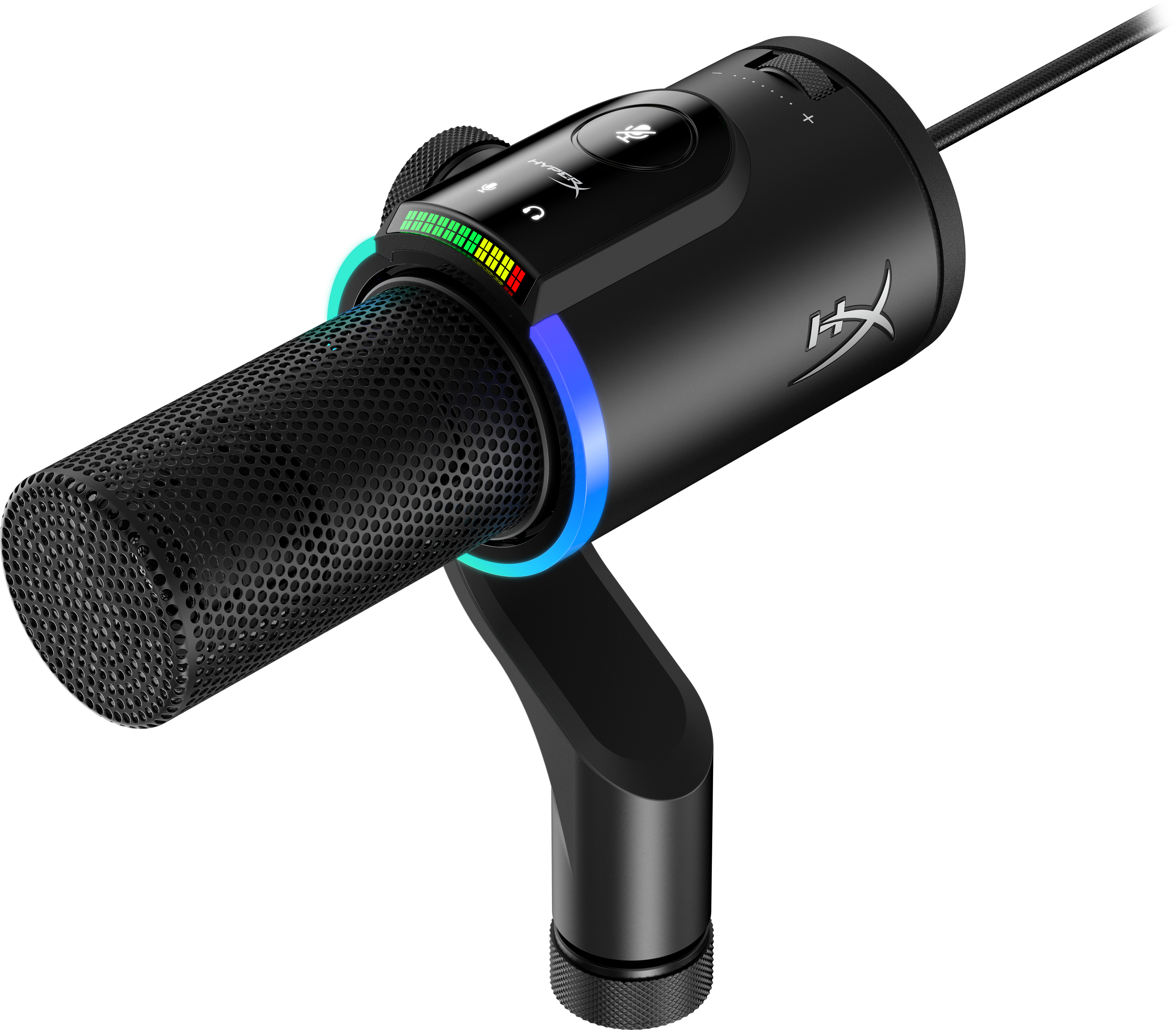 Microfono nero con illuminazione RGB e controllo del volume.