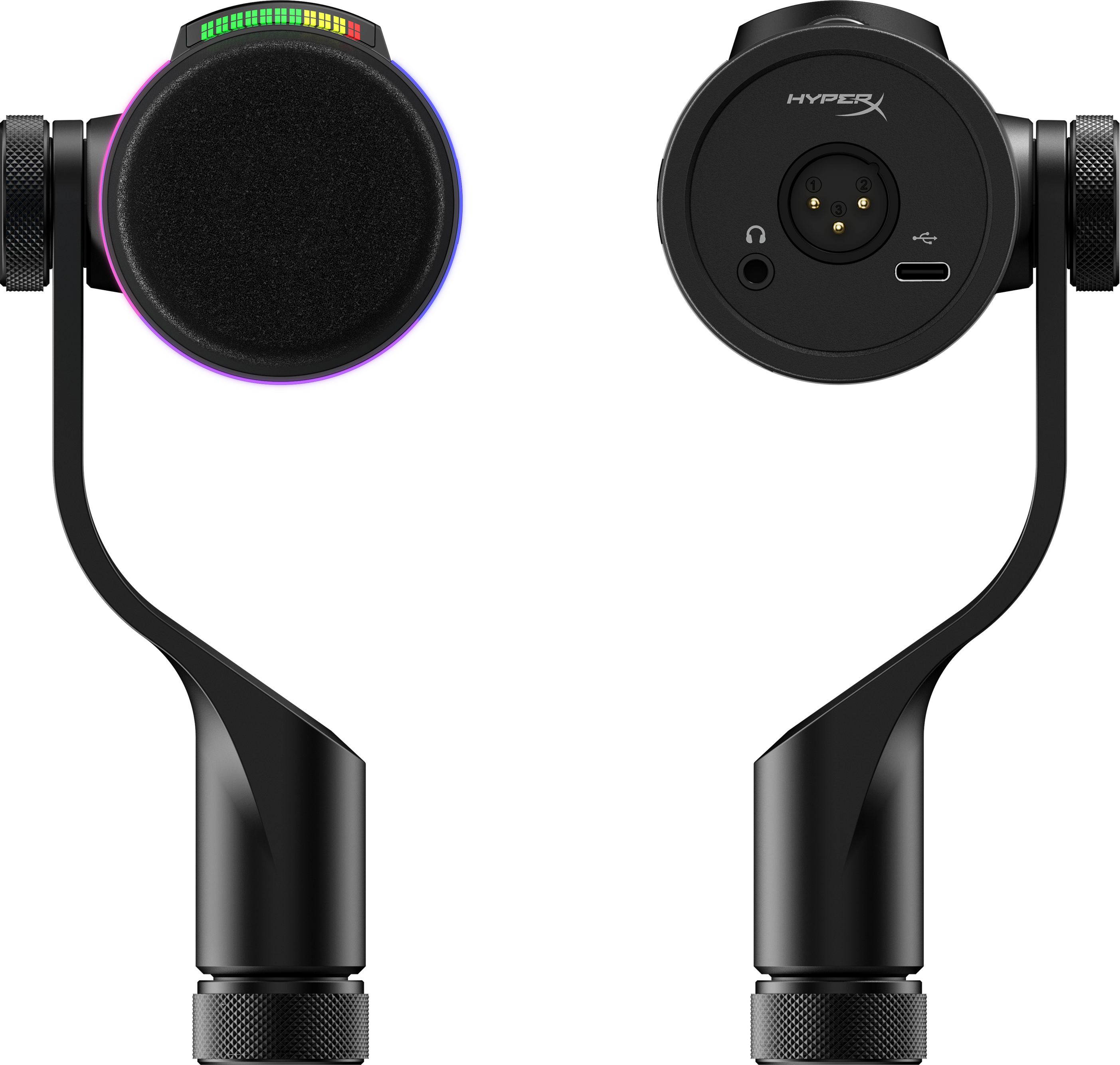 Microfono nero con illuminazione RGB, connettori XLR e USB.