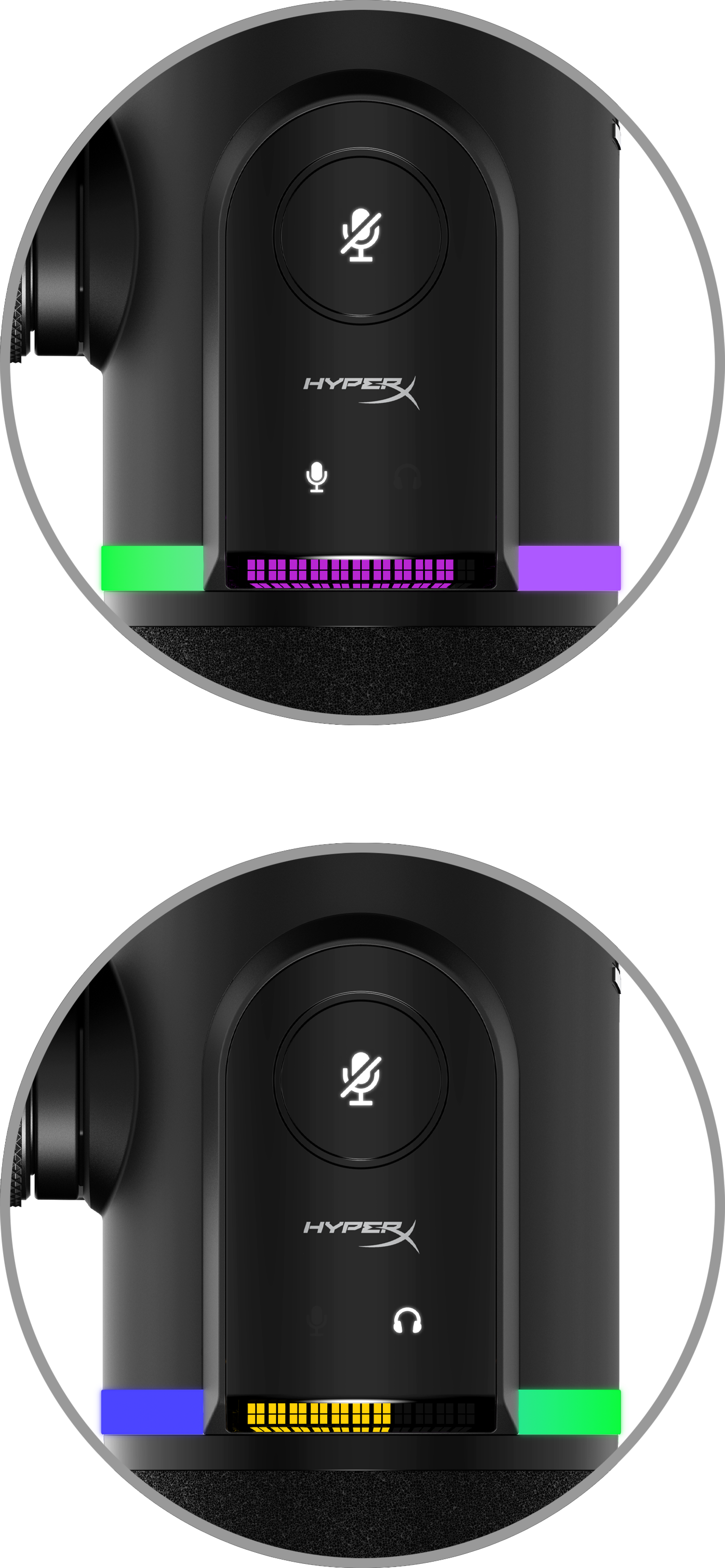 Microfono HyperX nero con simbolo muto, misuratore VU e illuminazione verde/viola.