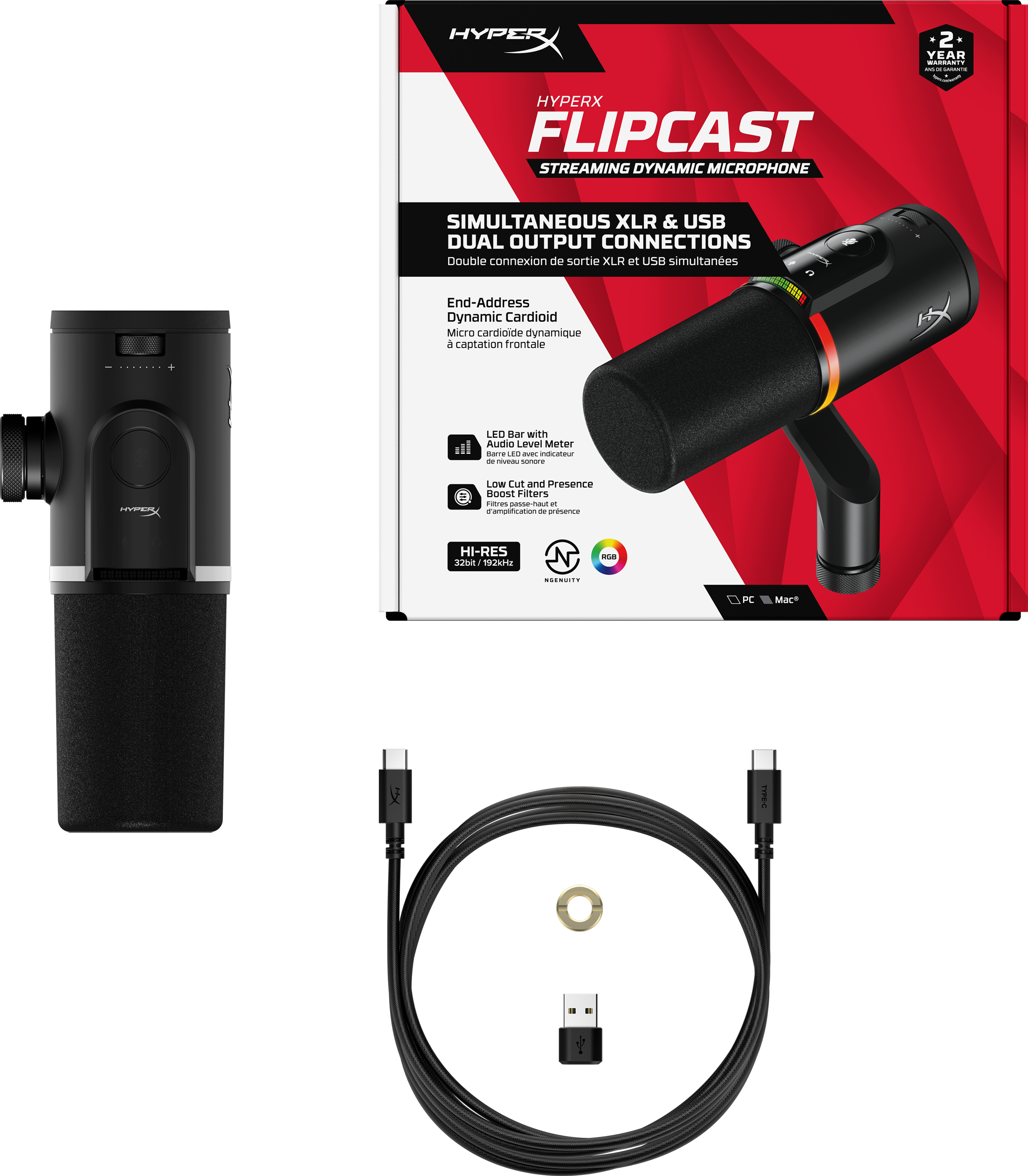 Microfono HyperX FlipCast con cavo e adattatore.