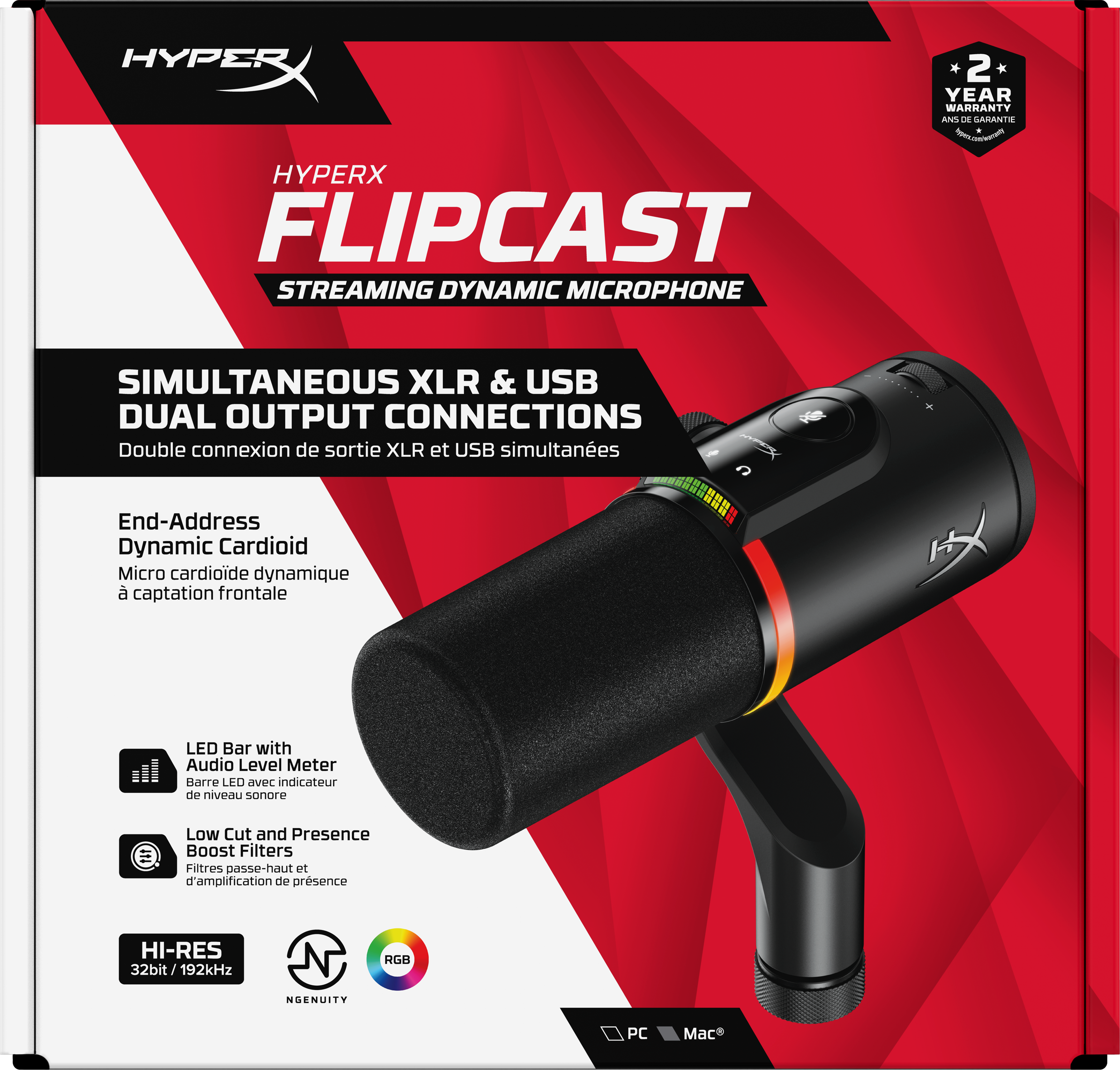 Microfono streaming HyperX FlipCast con misuratore LED e RGB su sfondo rosso.