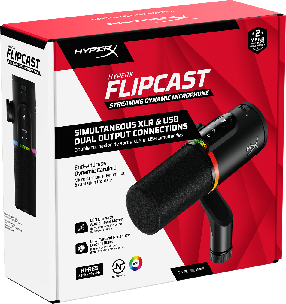 Microfono streaming HyperX FlipCast con misuratore LED RGB e doppie uscite XLR/USB.