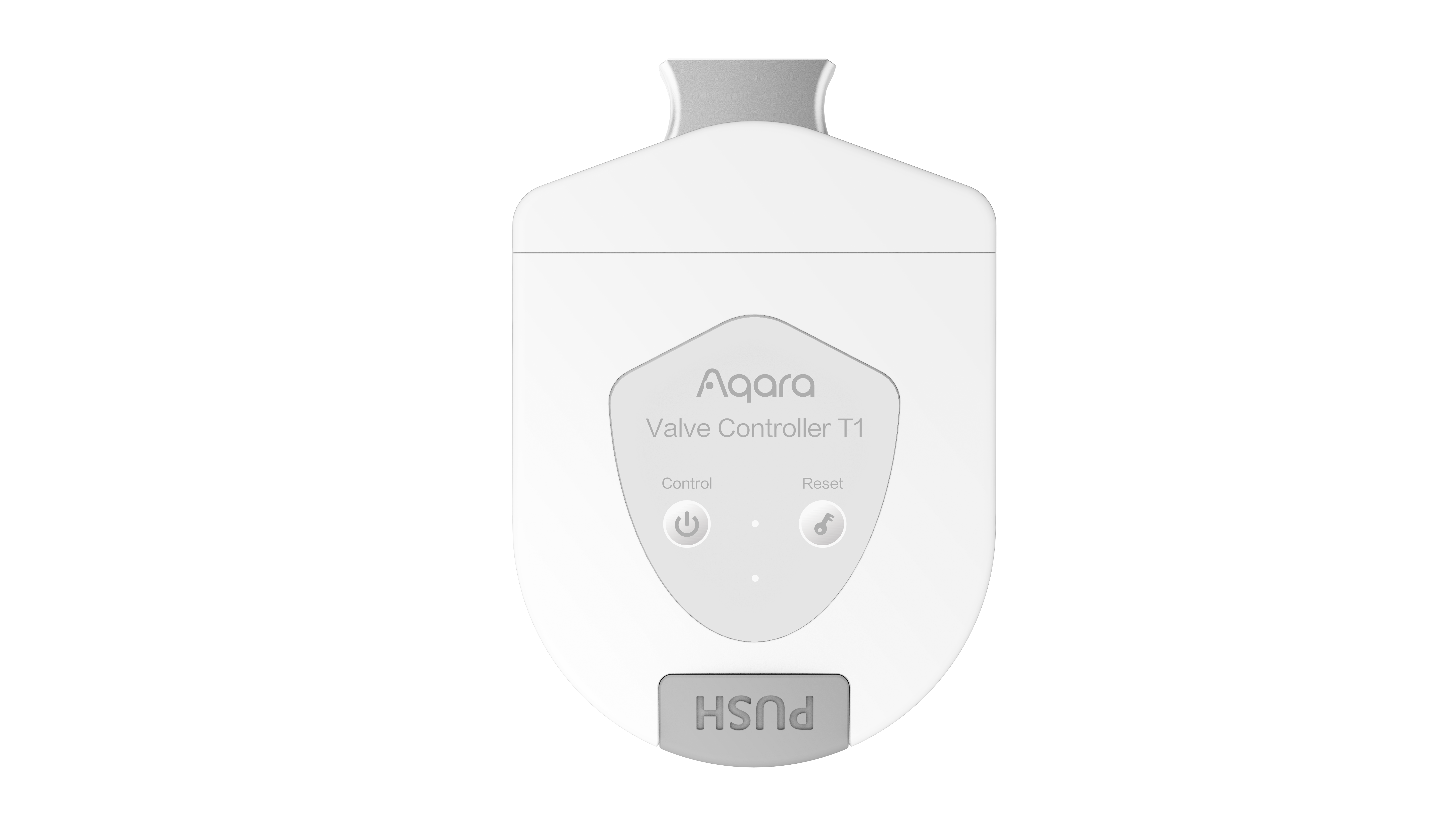 Ein weißer Aqara Ventilsteller T1 mit "PUSH"-Taste, Power- und Schlüsselsymbolen.