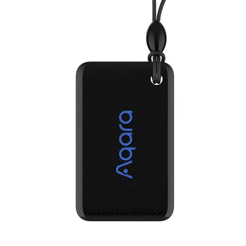 Schwarzer Aqara-Anhänger mit Lanyard und blauem Logo auf weißem Hintergrund.