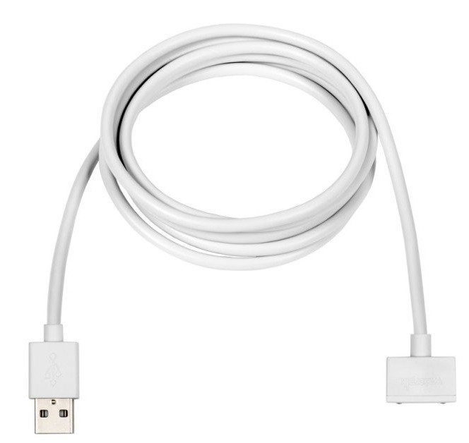Biały kabel USB zwinięty, pokazujący złącze USB-A i magnetyczne zakończenie.