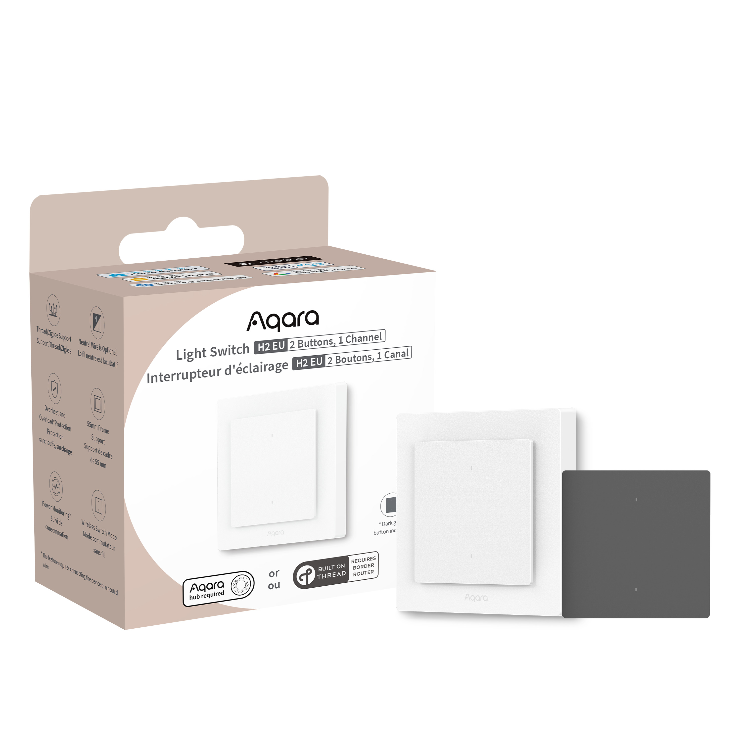 Aqara Lichtschalter mit 2 Tasten, H2 EU, weiß, mit optionalem Neutralleiter.