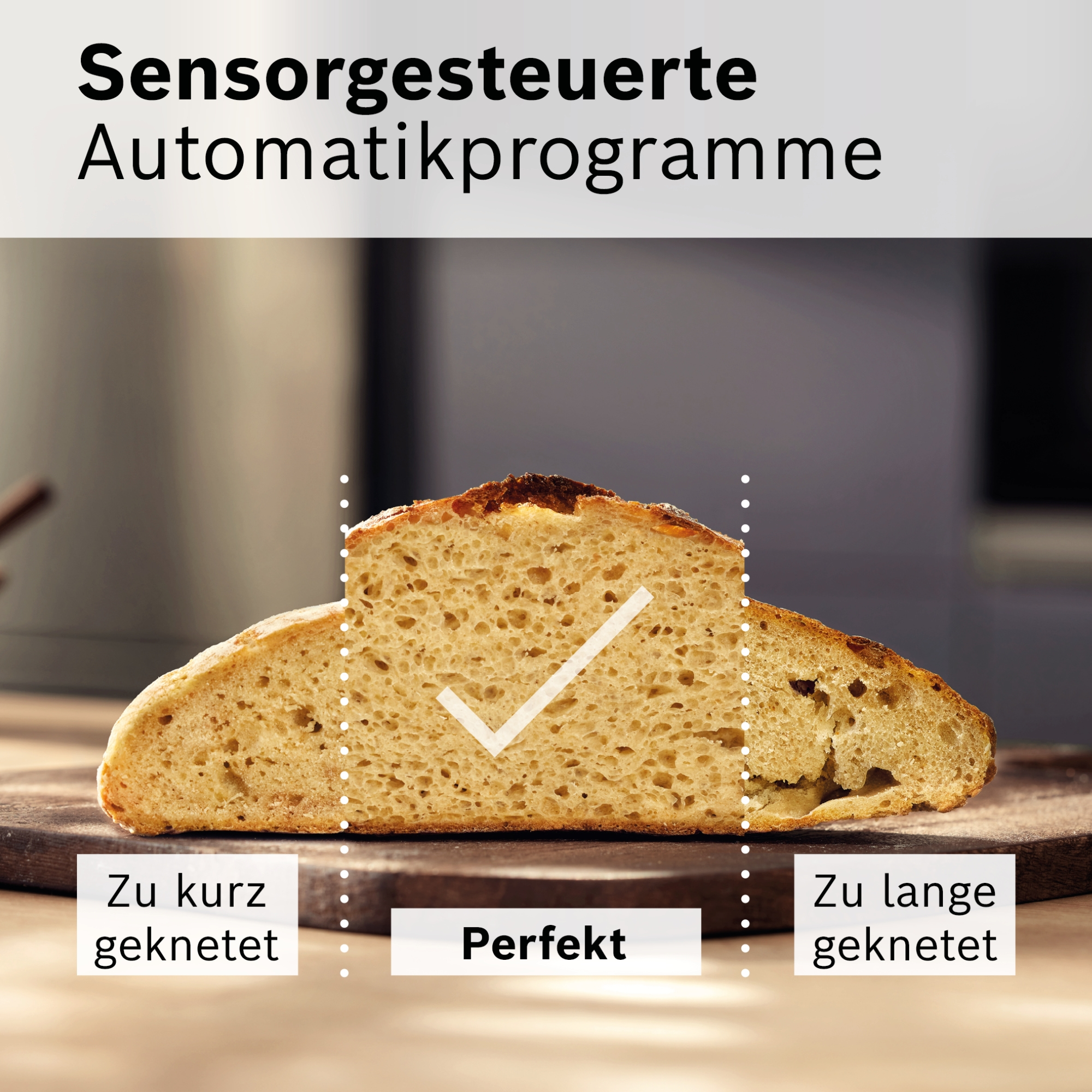 Schnittbrot mit Häkchen und Texten: Zu kurz, Perfekt, Zu lange geknetet.