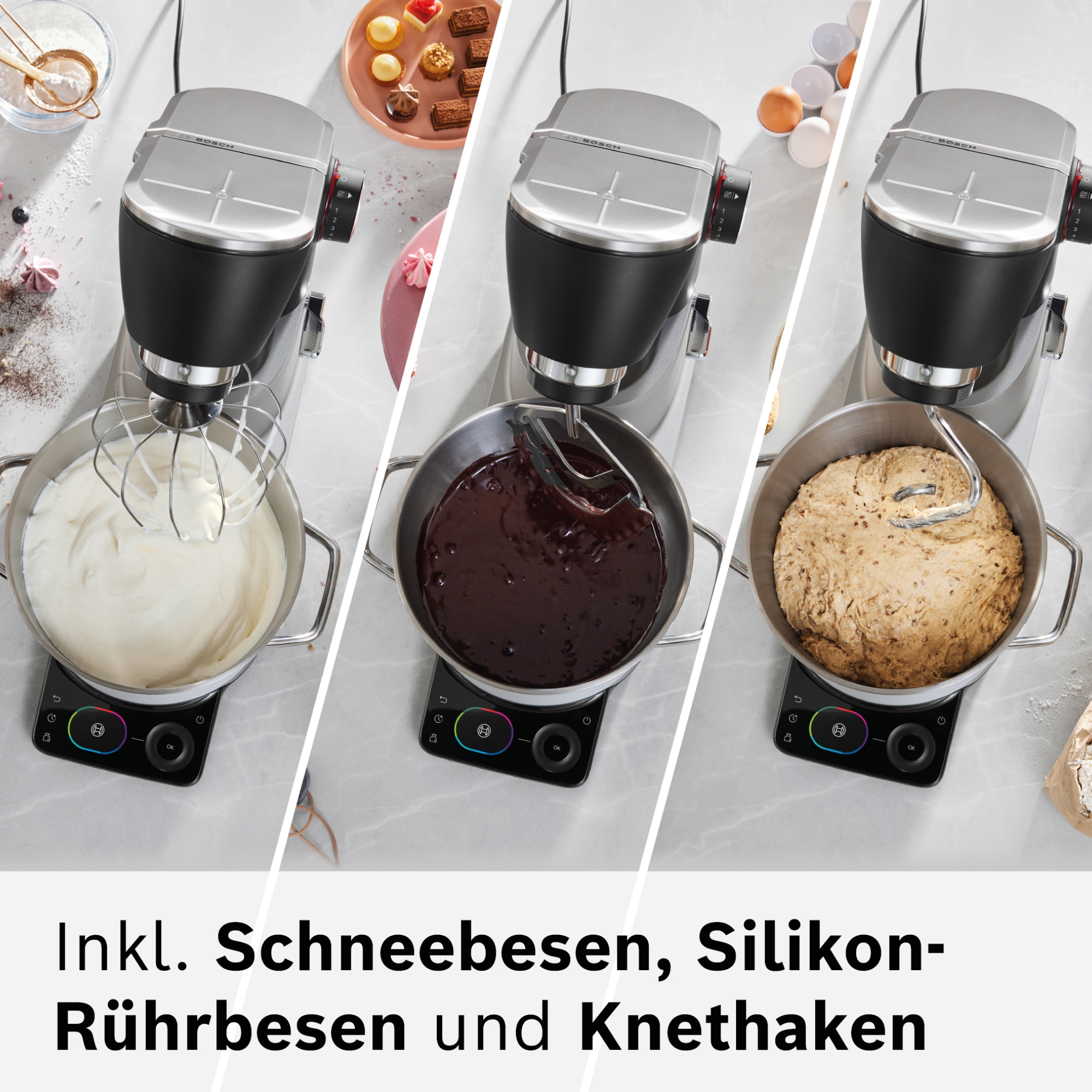 Küchenmaschine mit drei Schüsseln: Eischnee, Schokoladenmasse, Teig.