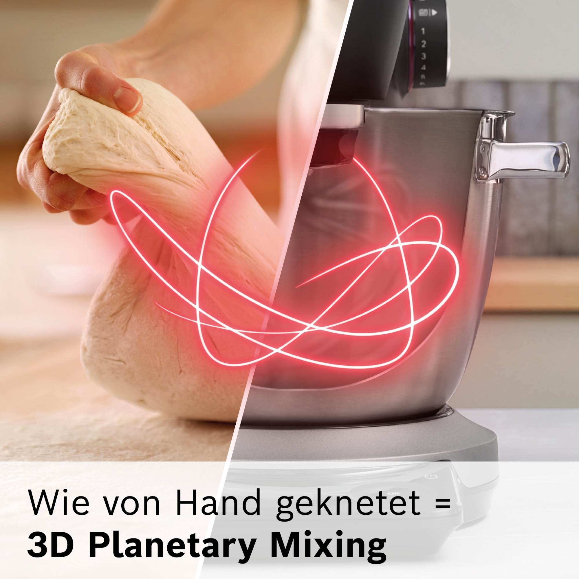 Hände kneten Teig neben einem Küchenmixer mit roten Lichteffekten.