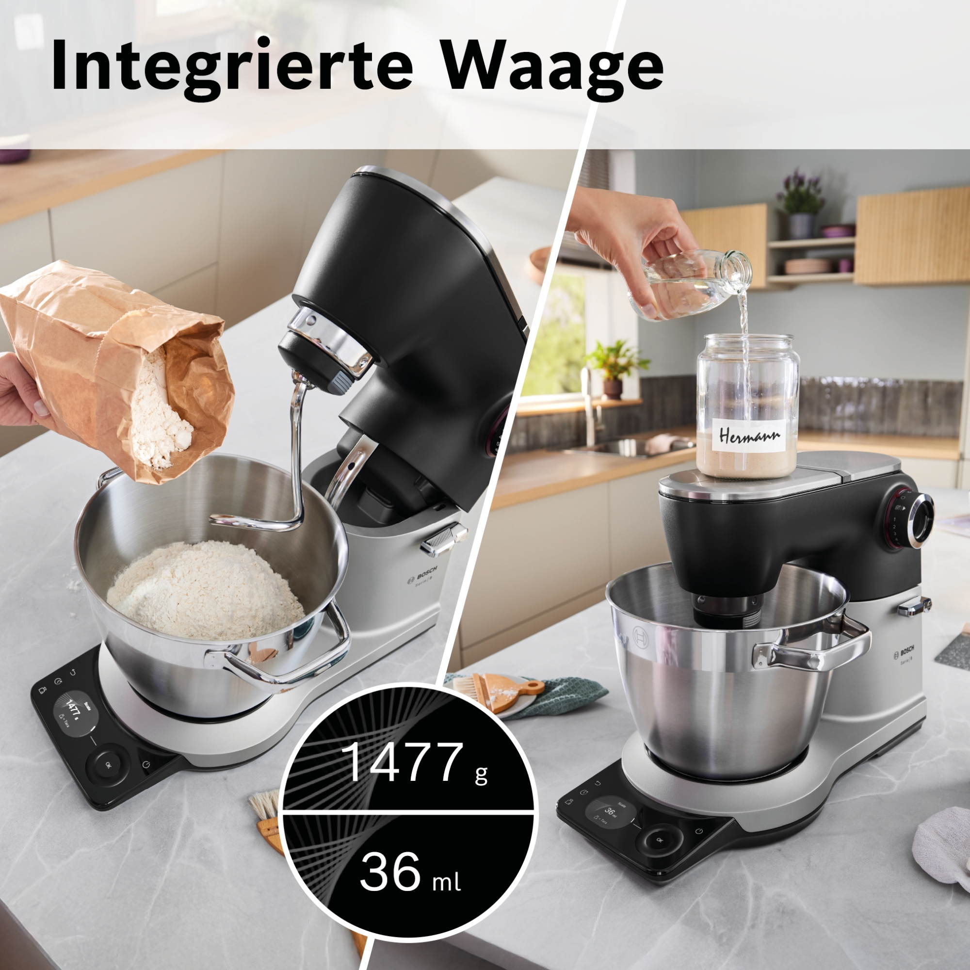 Küchenmaschine mit integrierter Waage, die Mehl wiegt und Flüssigkeit hinzufügt.