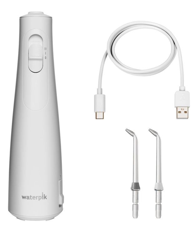 Biały uchwyt irygatora Waterpik z dwoma końcówkami i kablem USB.