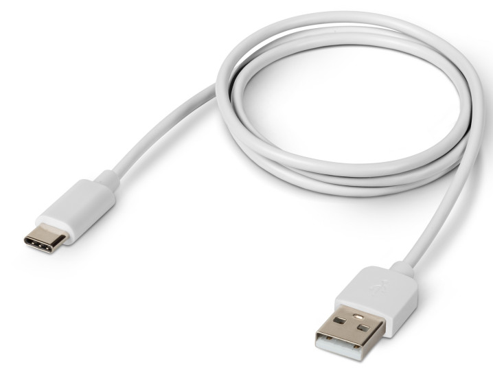 Biały kabel USB-C do USB-A, zwinięty.