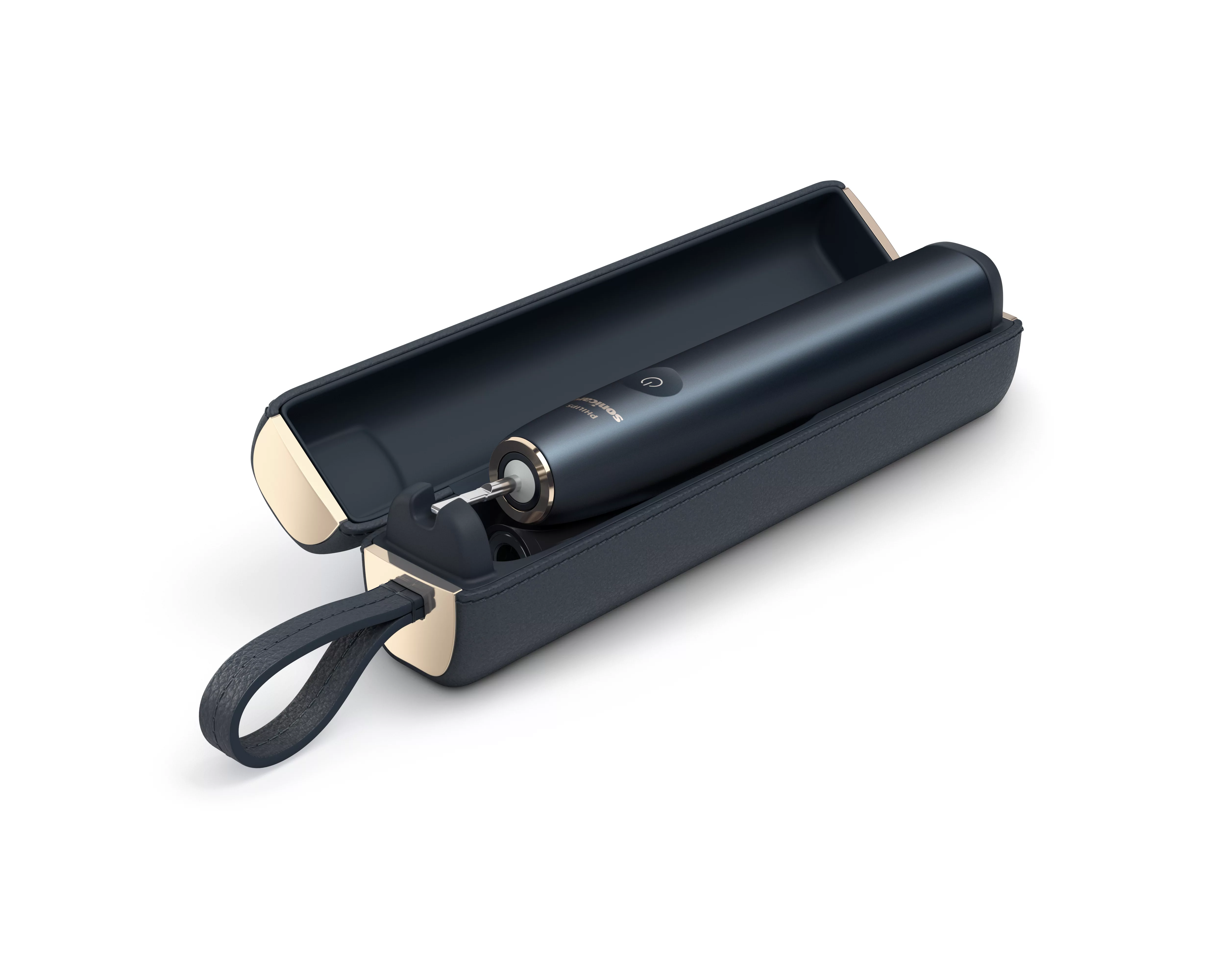 Ciemnoniebieskie etui podróżne ze złotym wykończeniem i ciemną końcówką Sonicare.