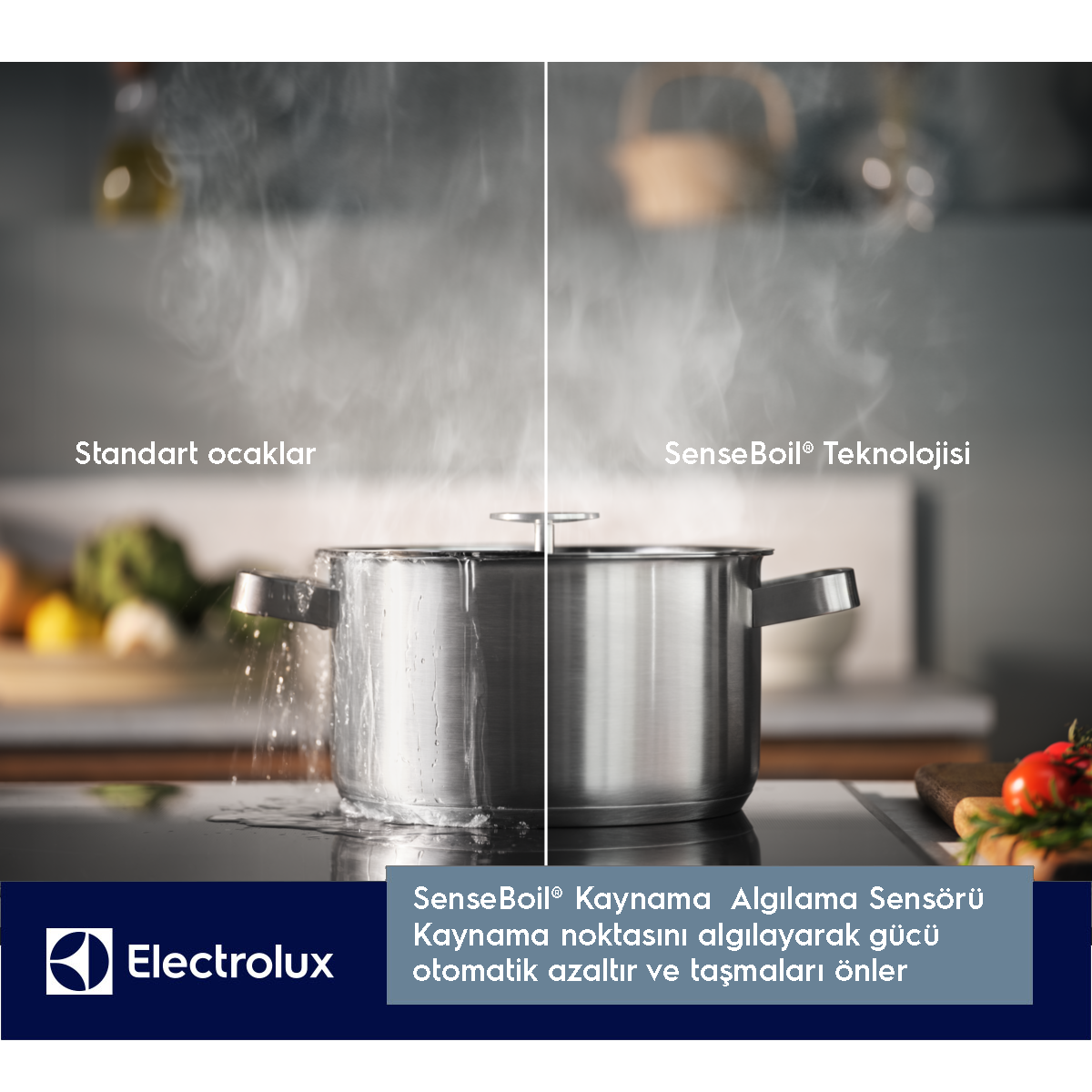 İki tencere ocakta: Sol taşmış, sağ SenseBoil® teknolojisi ile.