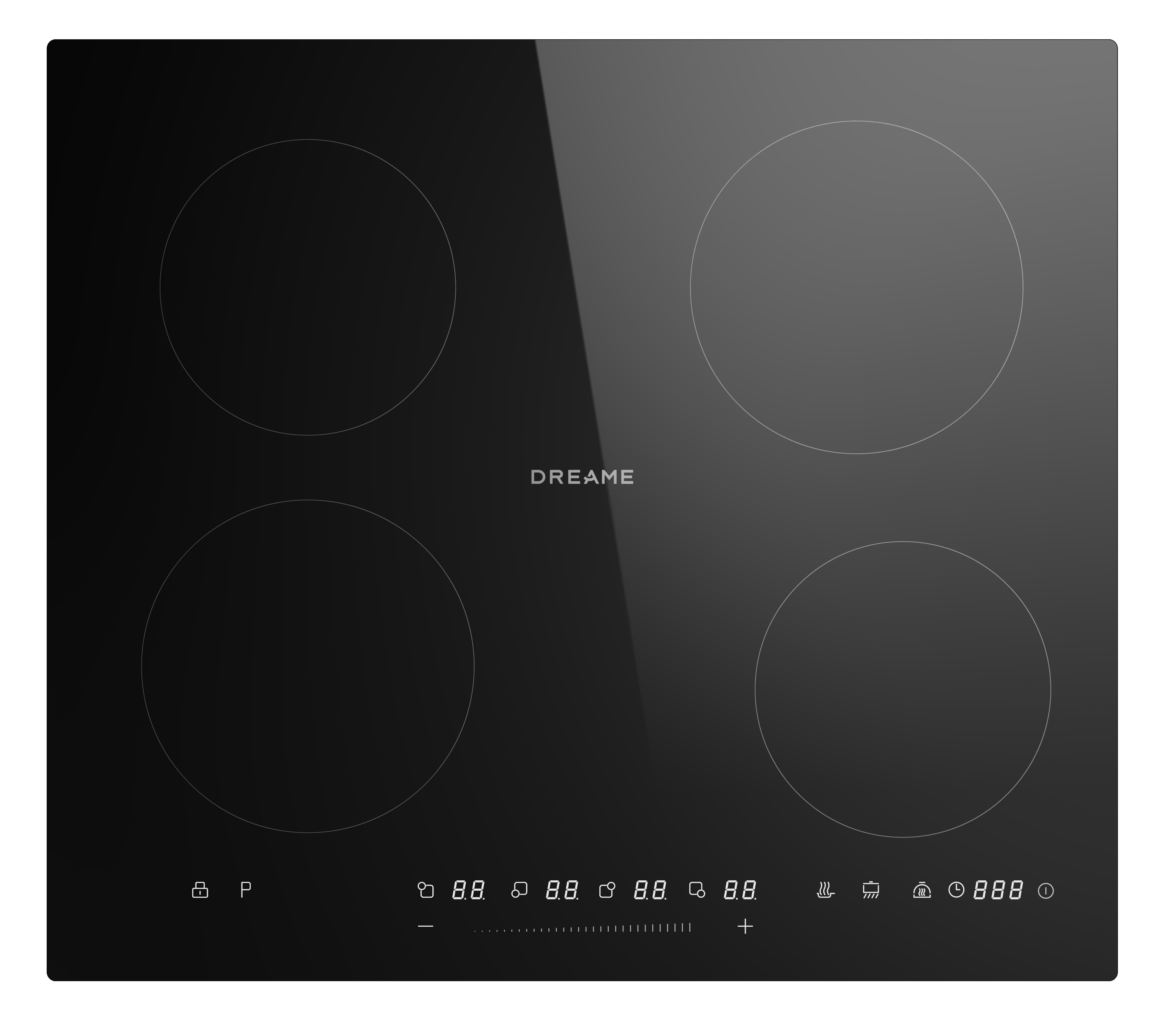 Czarna płyta indukcyjna z czterema strefami gotowania i cyfrowym wyświetlaczem.